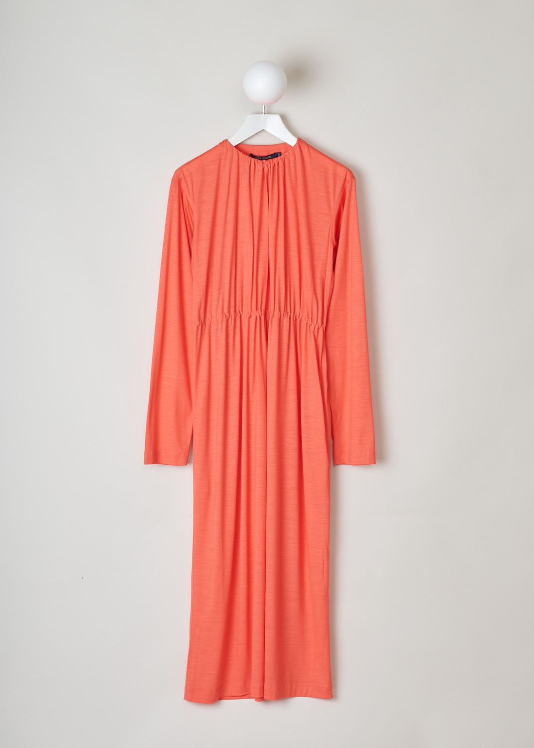 SOFIE D'HOORE, LONG SLEEVE CORAL DRESS, DARA_WOJE_CORAL, Pink, Orange, Front, This coral-colored maxi dress features a gathered elasticated neckline. The waist is also elasticated, cinching in the waist. Slanted pockets can be found concealed in the seam.