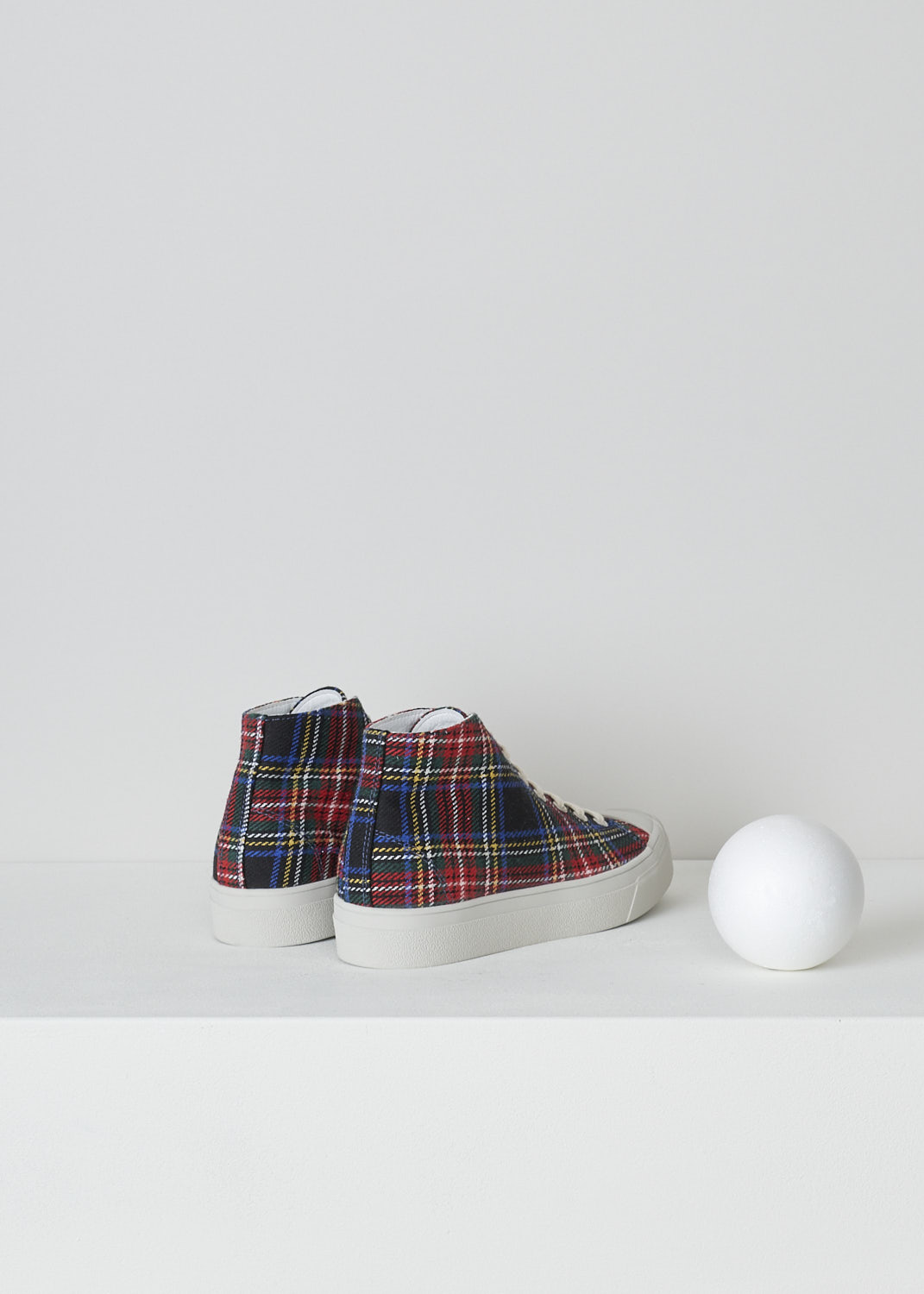 SOFIE D'HOORE, RED AND BLUE TARTAN SNEAKERS, FOSTER_WSCOT_TARTAN_4, Red, Blue, Print, Back, These high top sneakers with red and blue tartan print feature front lace-up fastening with white laces. These sneakers have a round toe with a white rubber toe cap. These shoes have white rubber soles.

