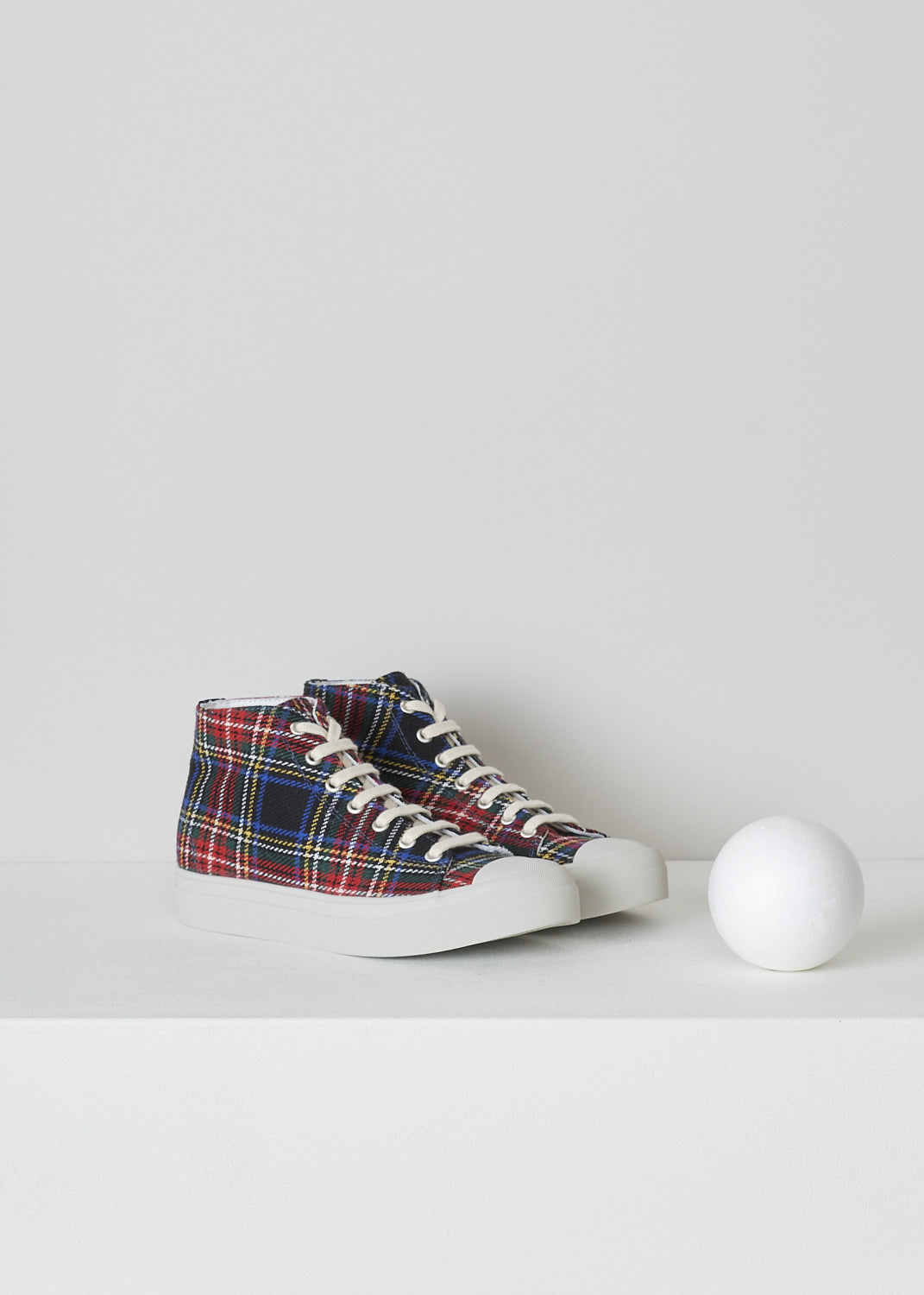 SOFIE Dâ€™HOORE, RED AND BLUE TARTAN SNEAKERS, FOSTER_WSCOT_TARTAN_4, Red, Blue, Print, Front, These high top sneakers with red and blue tartan print feature front lace-up fastening with white laces. These sneakers have a round toe with a white rubber toe cap. These shoes have white rubber soles.

