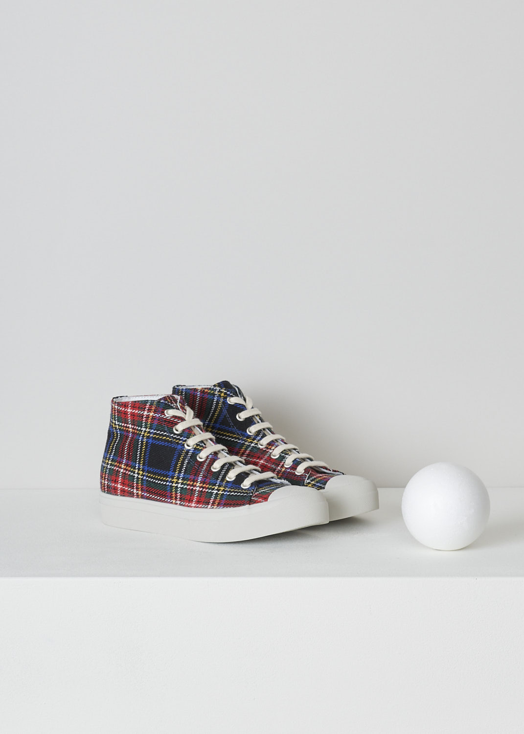 SOFIE D'HOORE, RED AND BLUE TARTAN SNEAKERS, FOSTER_WSCOT_TARTAN_4, Red, Blue, Print, Front, These high top sneakers with red and blue tartan print feature front lace-up fastening with white laces. These sneakers have a round toe with a white rubber toe cap. These shoes have white rubber soles.

