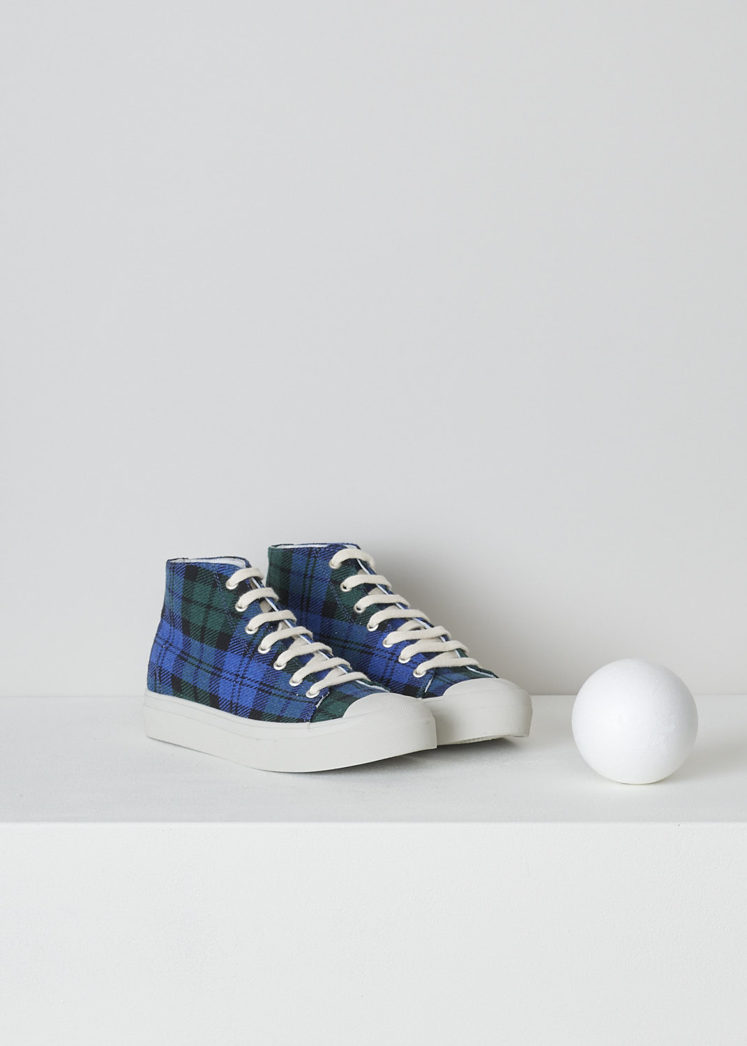 SOFIE Dâ€™HOORE, BLUE AND GREEN TARTAN SNEAKERS, FOSTER_WSCOT_TARTAN_5, Green, Blue, Print, Front, These high top sneakers with blue and green tartan print feature front lace-up fastening with white laces. These sneakers have a round toe with a white rubber toe cap. These shoes have white rubber soles.
  
