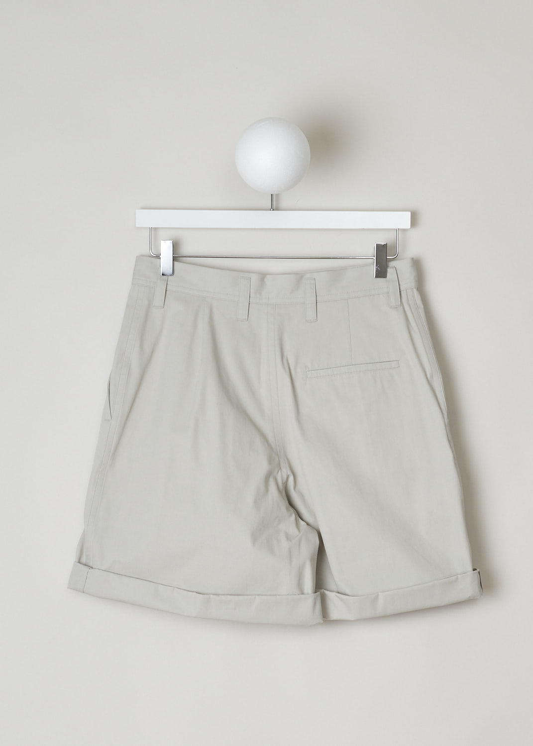SOFIE Dâ€™HOORE, GREY HIGH-WAISTED SHORTS, PENNY_COSY_STONE, Grey, Back, These grey high-waisted shorts have belt loops and a concealed front button closure, with a single button visible on the waistband. These shorts have slanted pockets in the front and a single welt pocket in the back. The pant legs have a single box pleat and have a folded hem that can be unfolded.   
