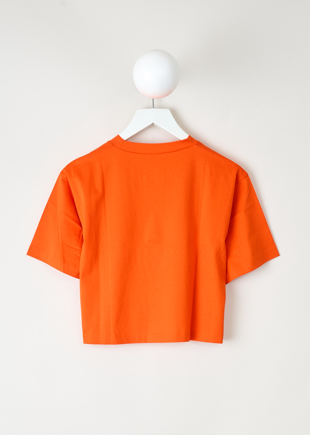 Back view of the cropped Sofie d’Hoore T-shirt in Tangerine with its clean short-sleeve shape and contemporary fit – designer sale item at Kiki’s Stocksale boutique Maastricht.