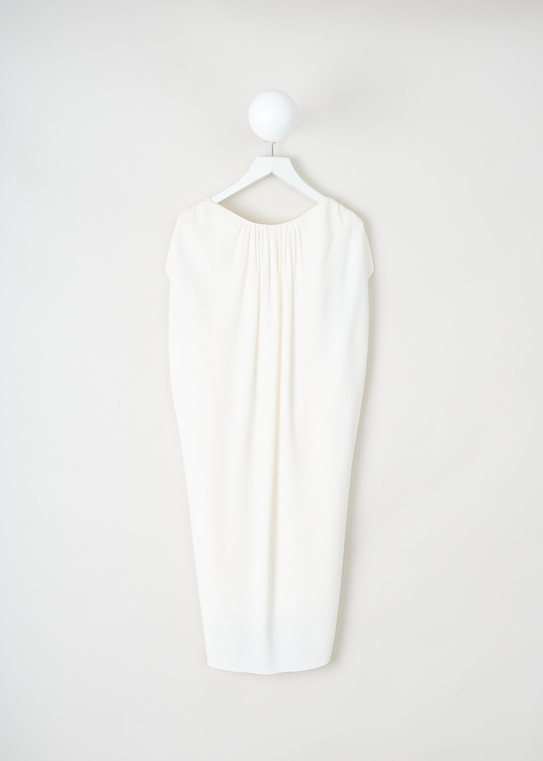 The Row, Dada dress in Ivory, DADA_DRESS_3765_NW71_IVORY, White, Back, This crepe Dada dress in Ivory has a round neckline and short gathered cap-sleeves, creating a cape-like effect. The dress has a relaxed silhouette with a high-low hem.

