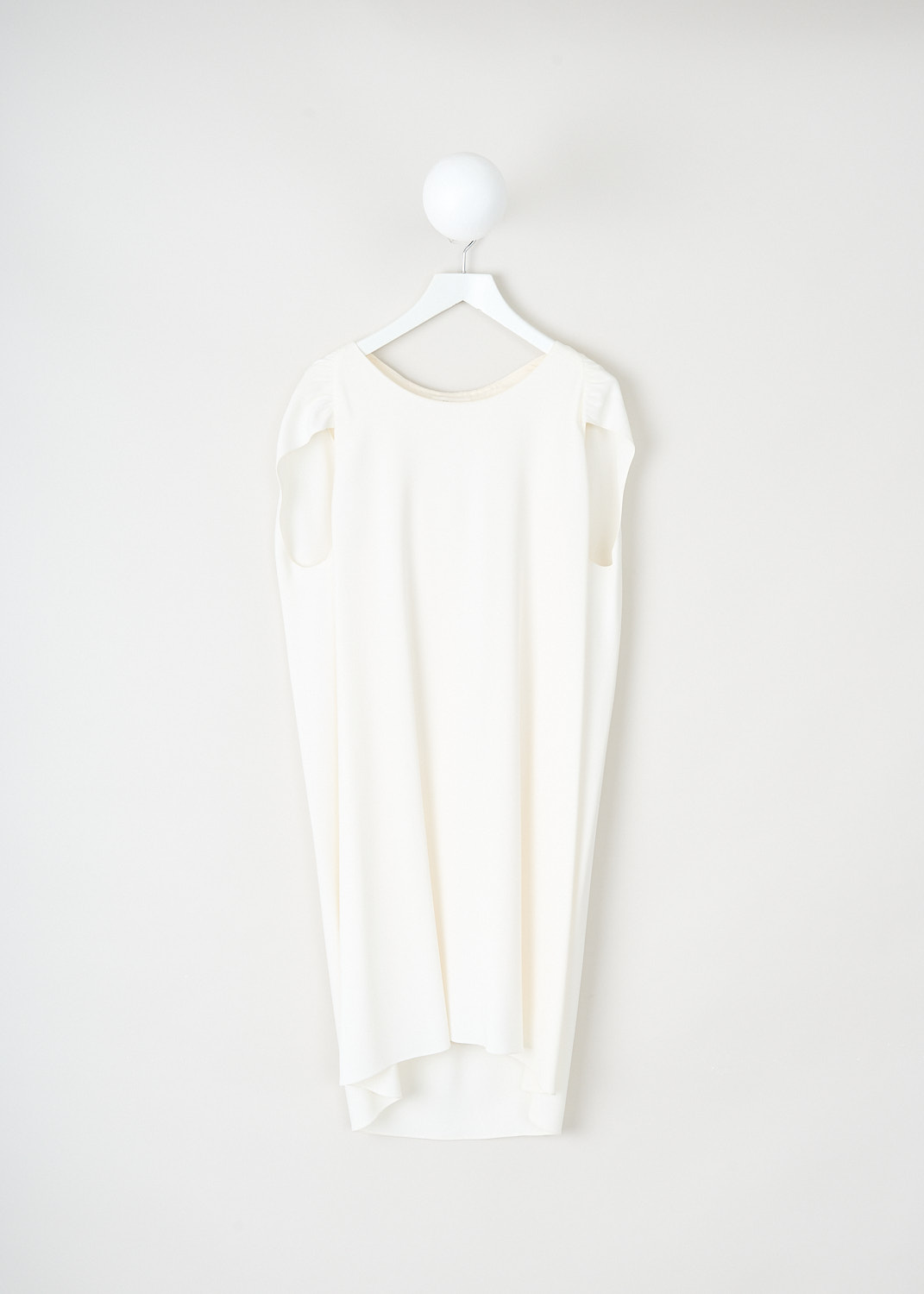 The Row, Dada dress in Ivory, DADA_DRESS_3765_NW71_IVORY, White, Front, This crepe Dada dress in Ivory has a round neckline and short gathered cap-sleeves, creating a cape-like effect. The dress has a relaxed silhouette with a high-low hem.
