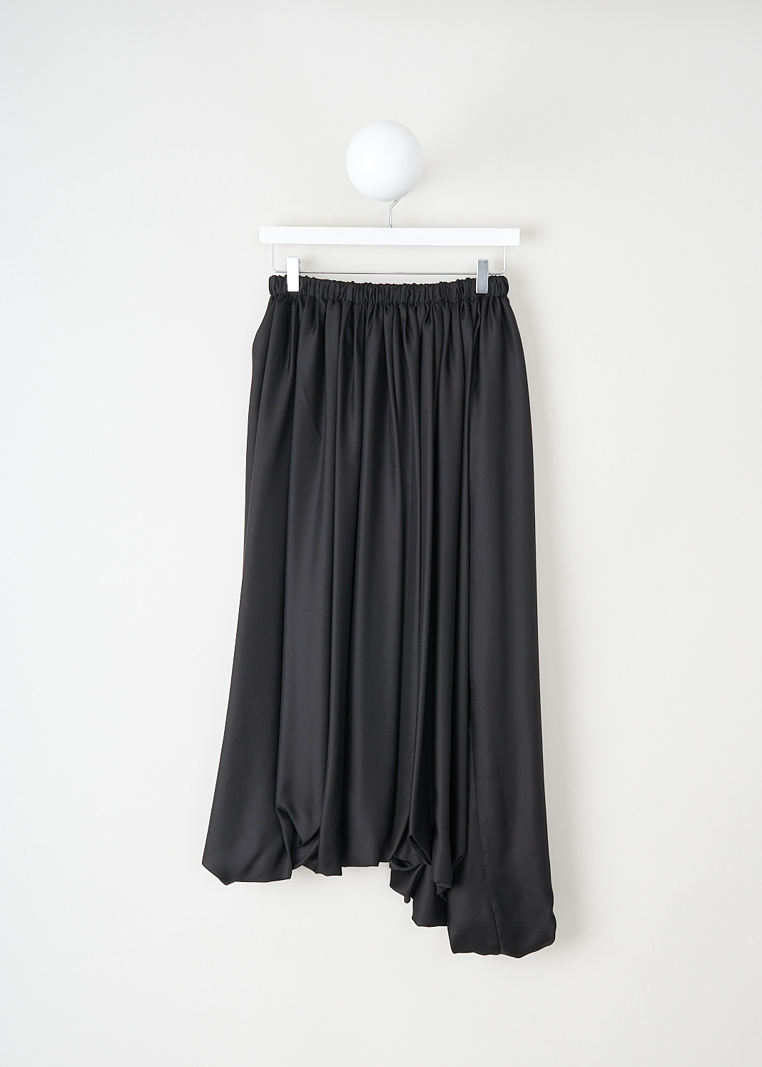 The Row, Asymmetric pleated Hanna maxi skirt in black, HANA_SKIRT_6420_W1994_BLACK, Black, Back, This black silk Hana maxi skirt has a gathered elasticated waistband. The skirt has a voluminous balloon silhouette with an asymmetric hem. 
