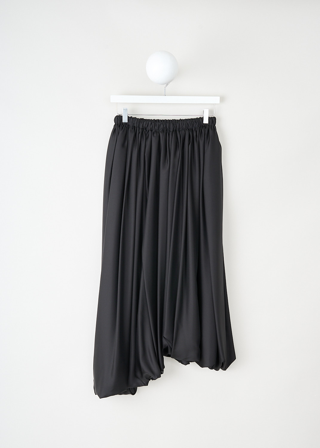 The Row, Asymmetric pleated Hanna maxi skirt in black, HANA_SKIRT_6420_W1994_BLACK, Black, Front, This black silk Hana maxi skirt has a gathered elasticated waistband. The skirt has a voluminous balloon silhouette with an asymmetric hem. 

