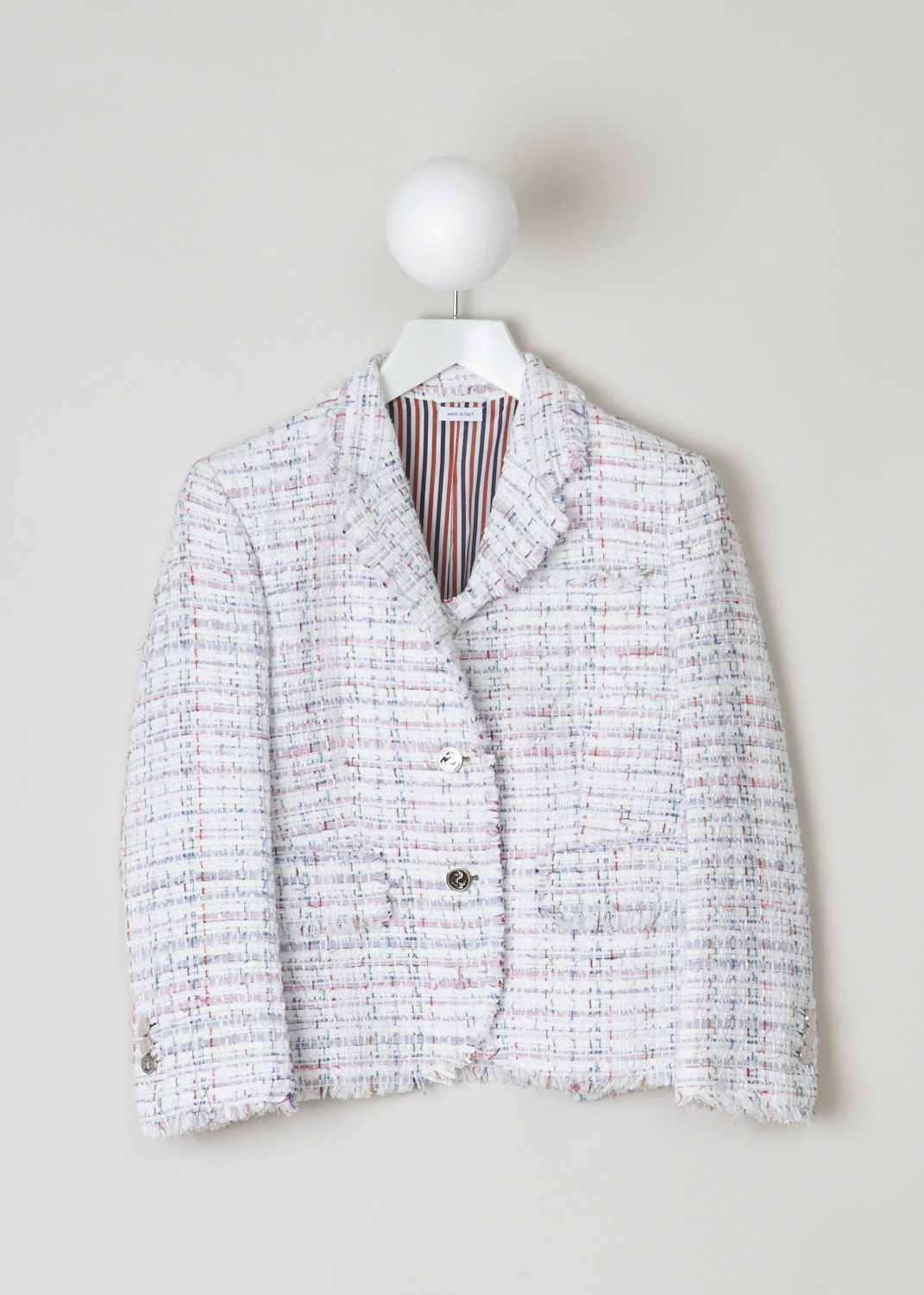 Thom Browne Cropped oxford ribbon tweed blazer, FBC010T_04544_960, white, front, Lovely ribbon tweed turned into this blazer with three button fastening. Comes in a cropped format, long cuffed sleeves with functional buttons and has two side splits on the back. further decorating the front are two flap pocket and a single pocket on chest height.  