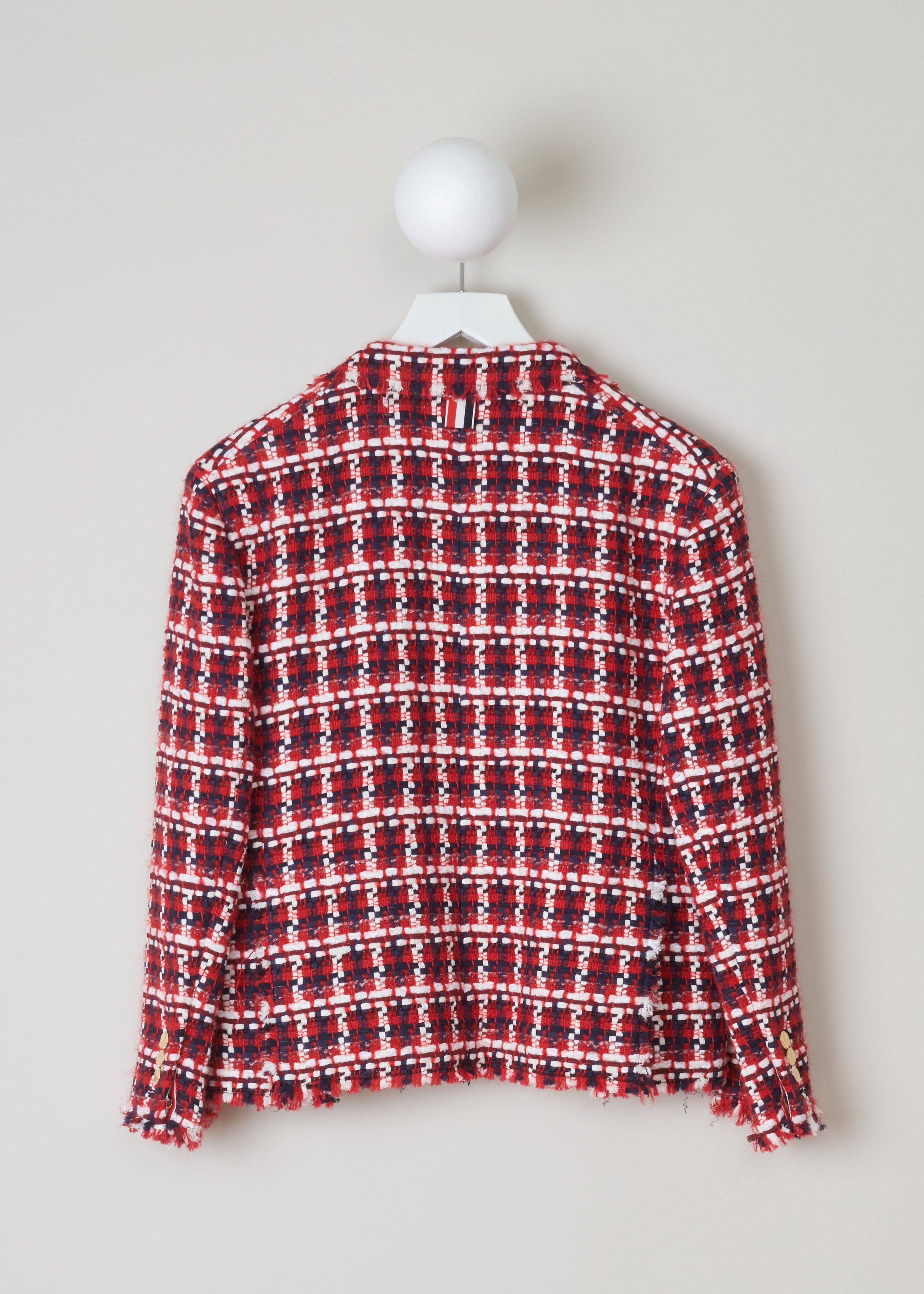 Thom Browne, Checked tweed jacket, FBC010T_05758_960_RWBWHT, Red, Print, Back, This colorful checked tweed jacket with fray edges features squared lapels and a golden button fastening. The jacket has flap pockets and a silk striped lining.