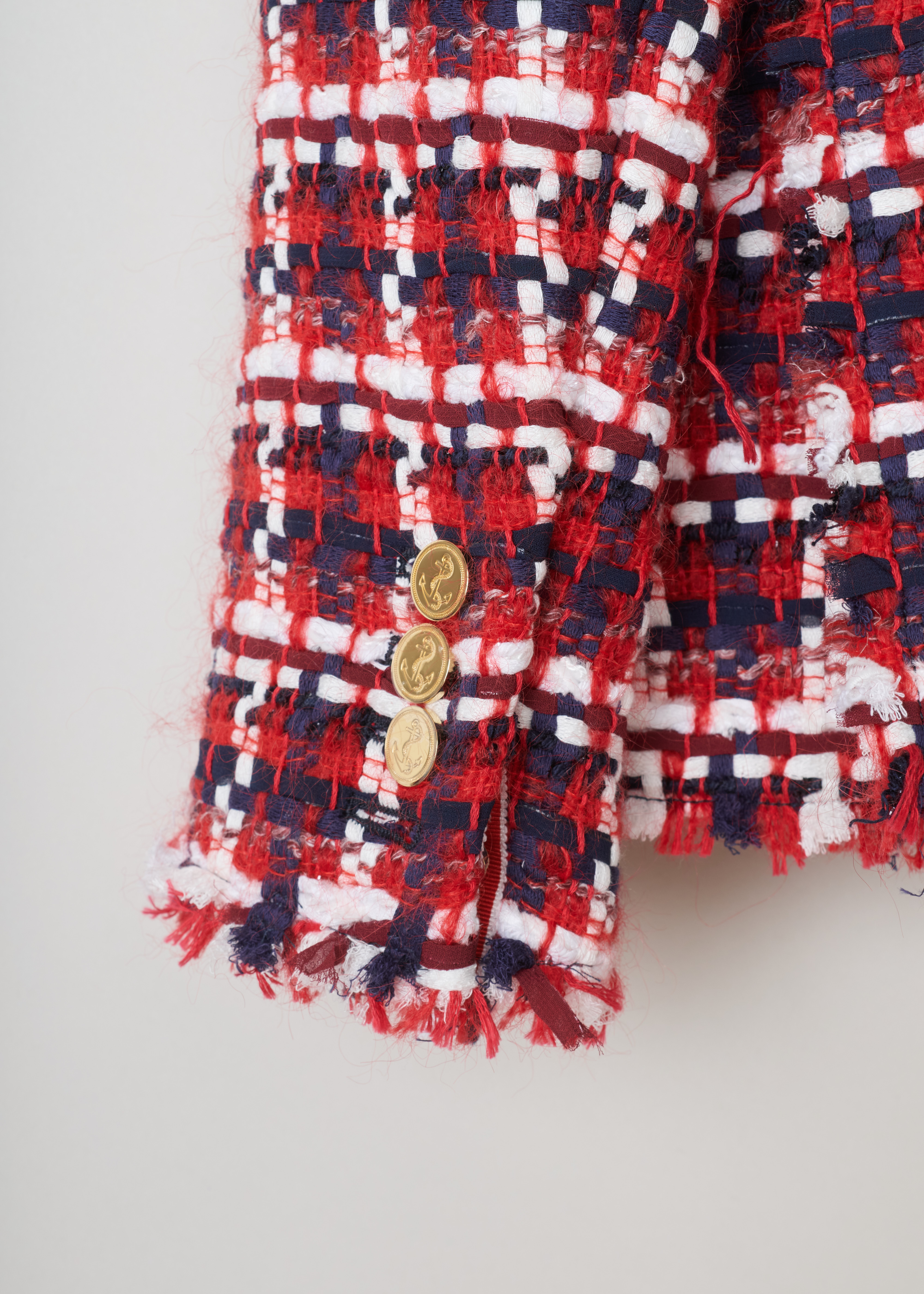 Thom Browne, Checked tweed jacket, FBC010T_05758_960_RWBWHT, Red, Print, Detail 2, This colorful checked tweed jacket with fray edges features squared lapels and a golden button fastening. The jacket has flap pockets and a silk striped lining.