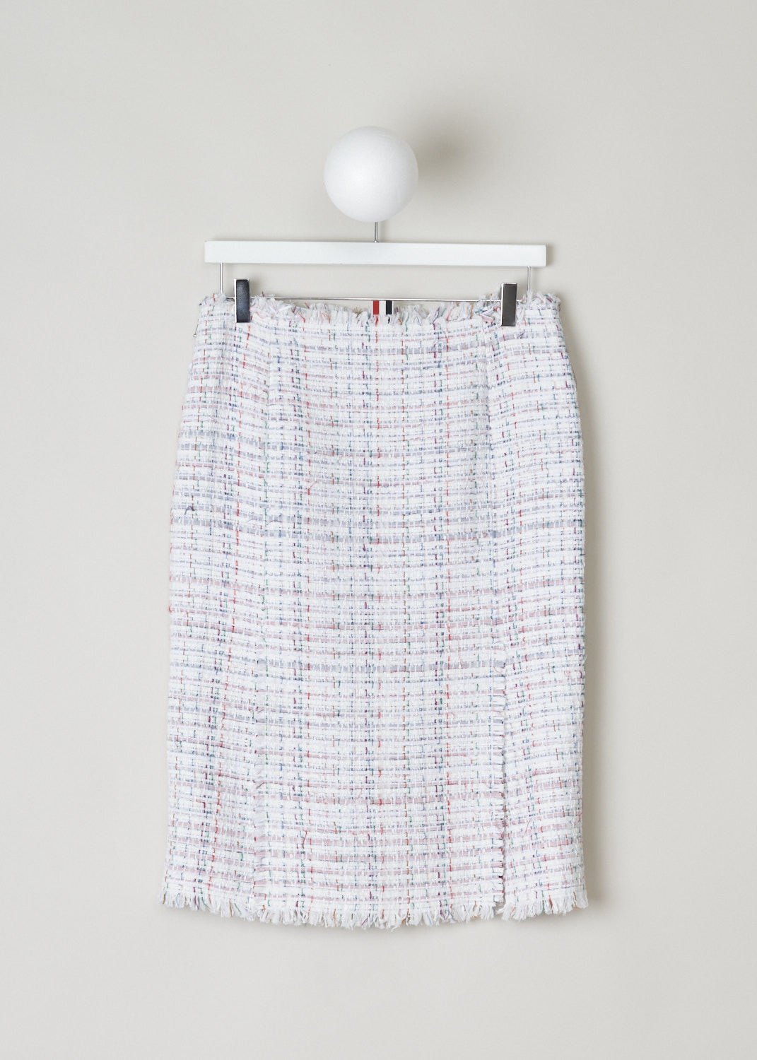 Thom Browne, Low-rise ribbon tweed pencil skirt, FGC452T_04544_960, white, back, Lovely ribbon tweed turned into this pencil skirt. This mid-length skirt comes with an concealed zipper and a metal above that.