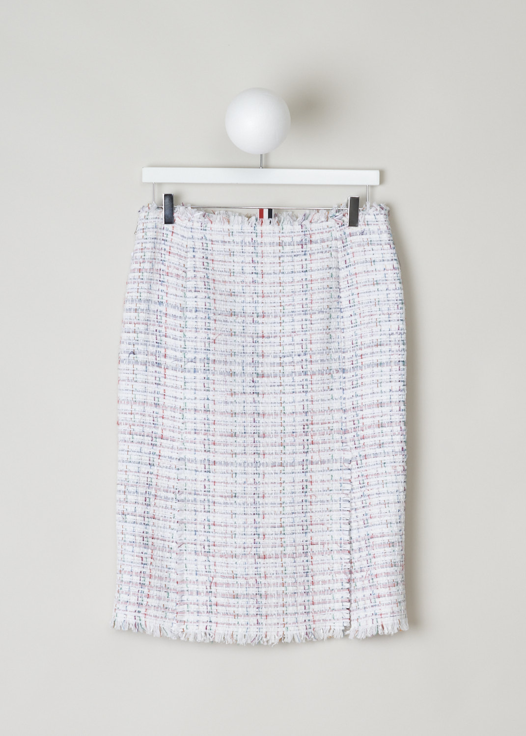 Thom Browne, Mid-length Oxford ribbon tweed pencil skirt, FGC452T_04544_960, White, Pink, Back, This mid-length Oxford ribbon tweed pencil skirt has a concealed zipper closure. The skirt has a small slit. 
