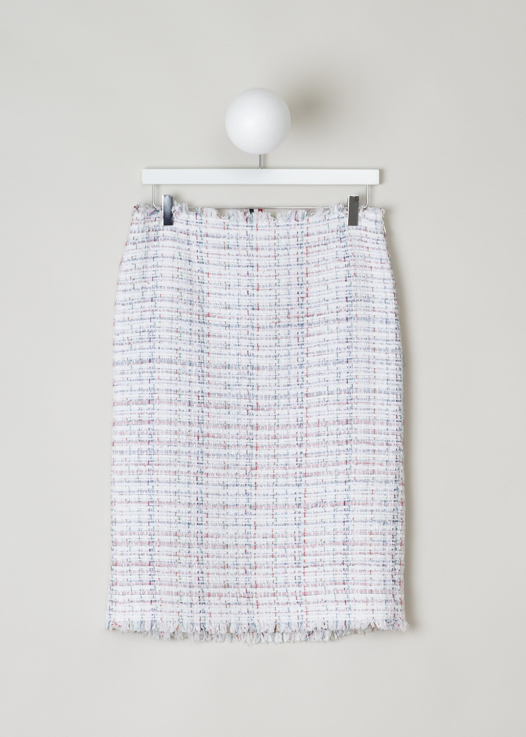 Thom Browne, Mid-length Oxford ribbon tweed pencil skirt, FGC452T_04544_960, White, Pink, Front, This mid-length Oxford ribbon tweed pencil skirt has a concealed zipper closure. The skirt has a small slit. 
