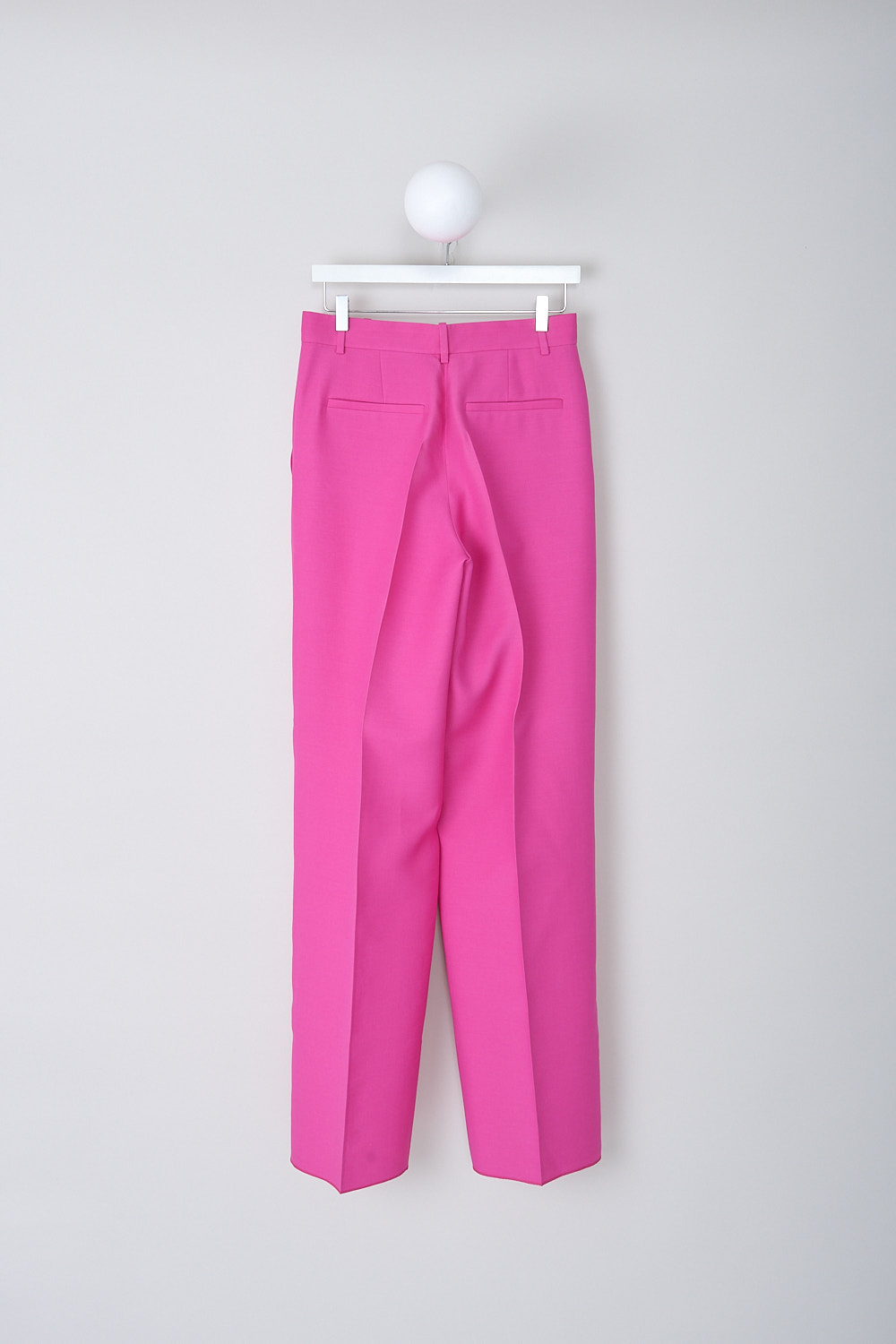 VALENTINO, PINK PP CR�PE COUTURE PANTS, 1B0RB3Z51CF_UWT, Pink, Back, These Pink PP high-waisted cr�pe couture pants have a narrow waistband with belt loops. A concealed claps and zip function as the closure. Decorative pleats can be found on the front. The wide pant legs have an extra long length with pressed creases along the front and back. These pants have slanted pockets in the front and welt pockets in the back.
