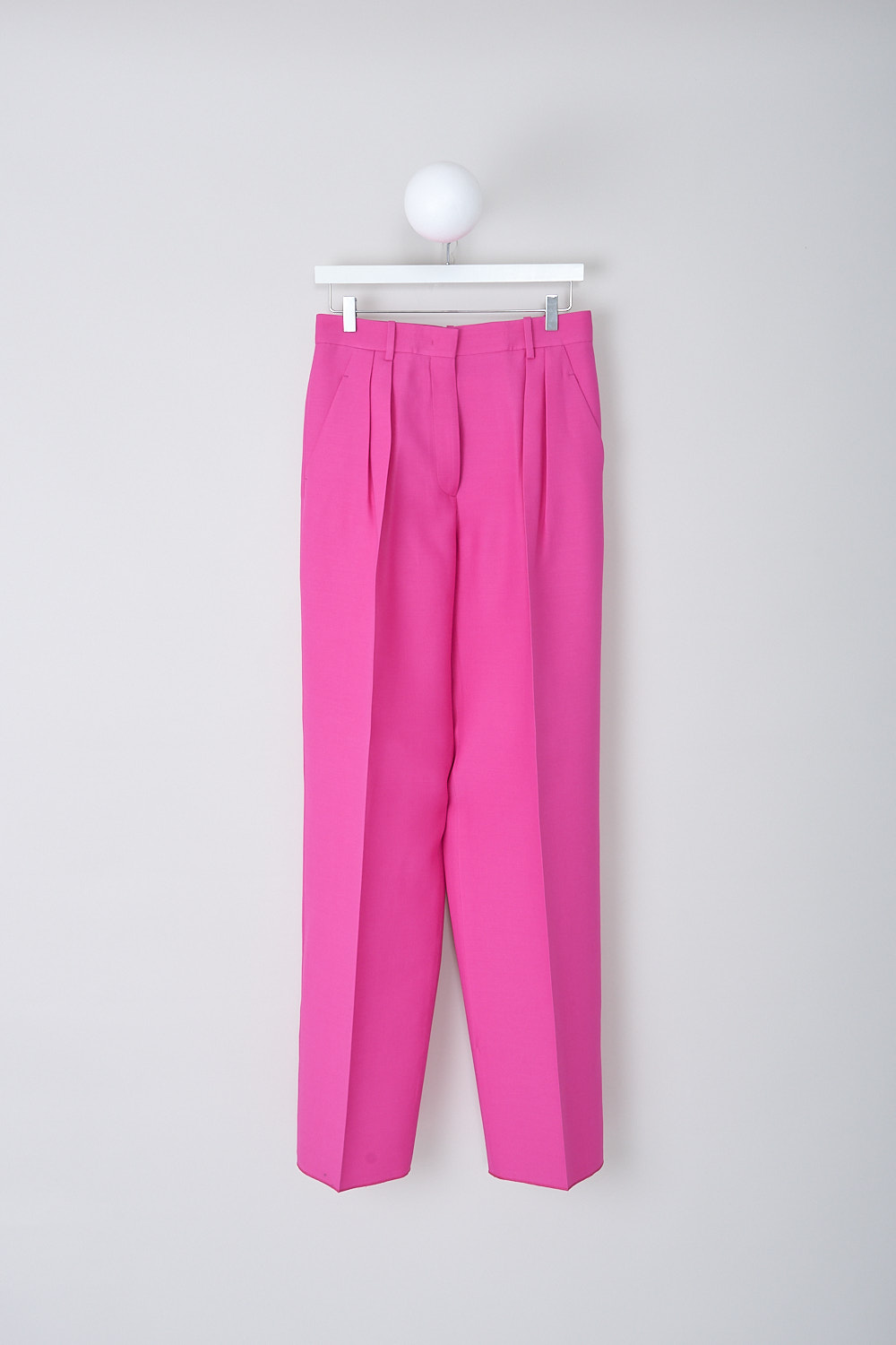 VALENTINO, PINK PP CR�PE COUTURE PANTS, 1B0RB3Z51CF_UWT, Pink, Front, These Pink PP high-waisted cr�pe couture pants have a narrow waistband with belt loops. A concealed claps and zip function as the closure. Decorative pleats can be found on the front. The wide pant legs have an extra long length with pressed creases along the front and back. These pants have slanted pockets in the front and welt pockets in the back.
