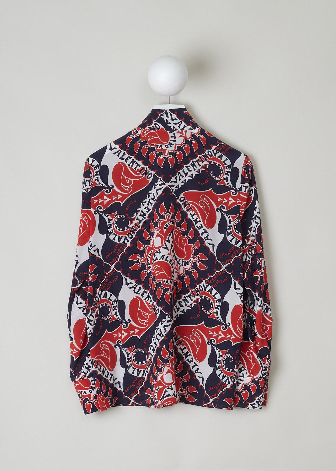 VALENTINO, BOLD PRINTED TIE DETAIL BLOUSE, 1B3AB3Y27AP_01N, Print, Red, Blue, Back, This bold printed silk blouse has a collar with a self tie detail. The blouse has a concealed front button closure and buttoned cuffs. The hemline is straight. 

