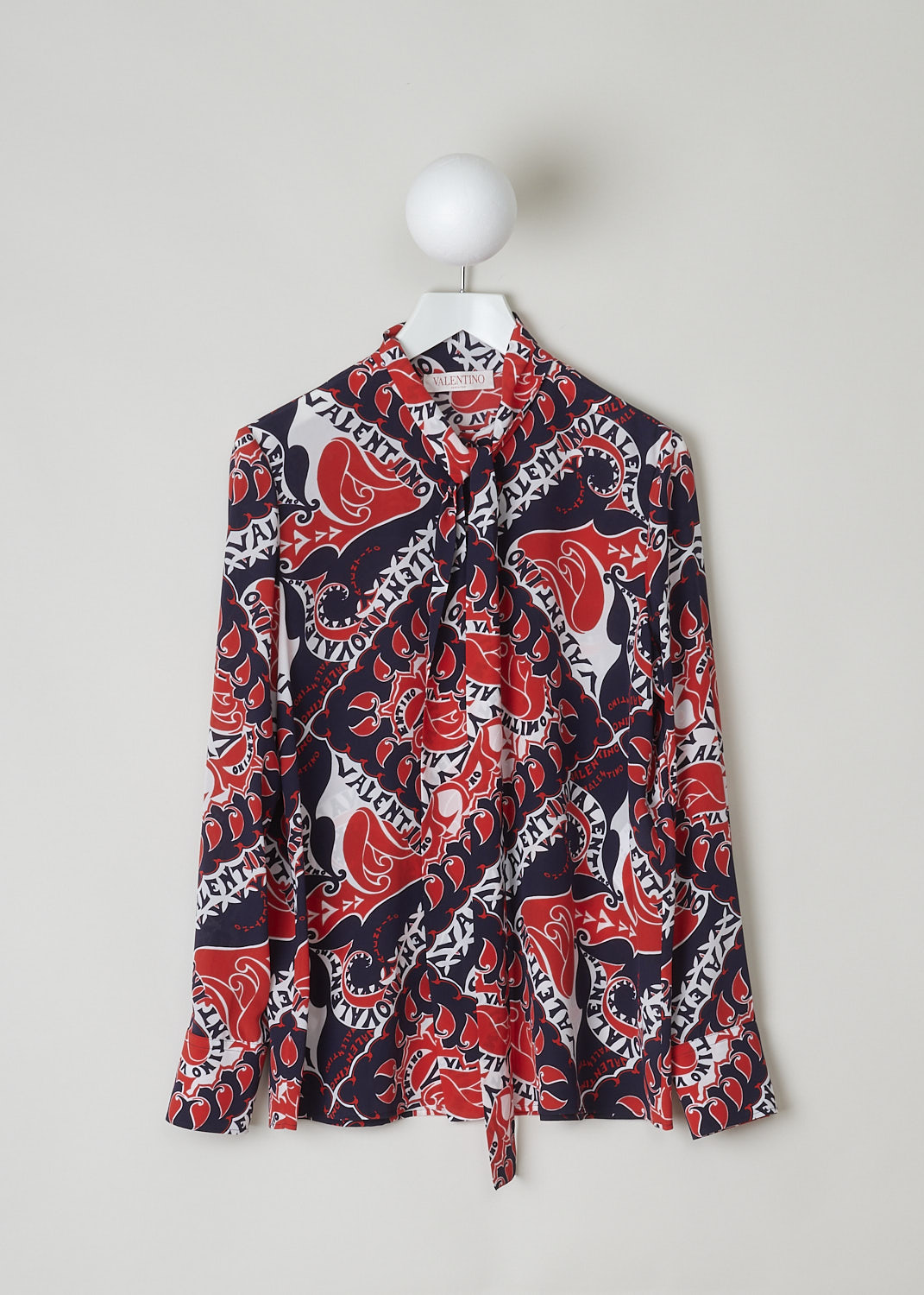 VALENTINO, BOLD PRINTED TIE DETAIL BLOUSE, 1B3AB3Y27AP_01N, Print, Red, Blue, Front, This bold printed silk blouse has a collar with a self tie detail. The blouse has a concealed front button closure and buttoned cuffs. The hemline is straight. 

