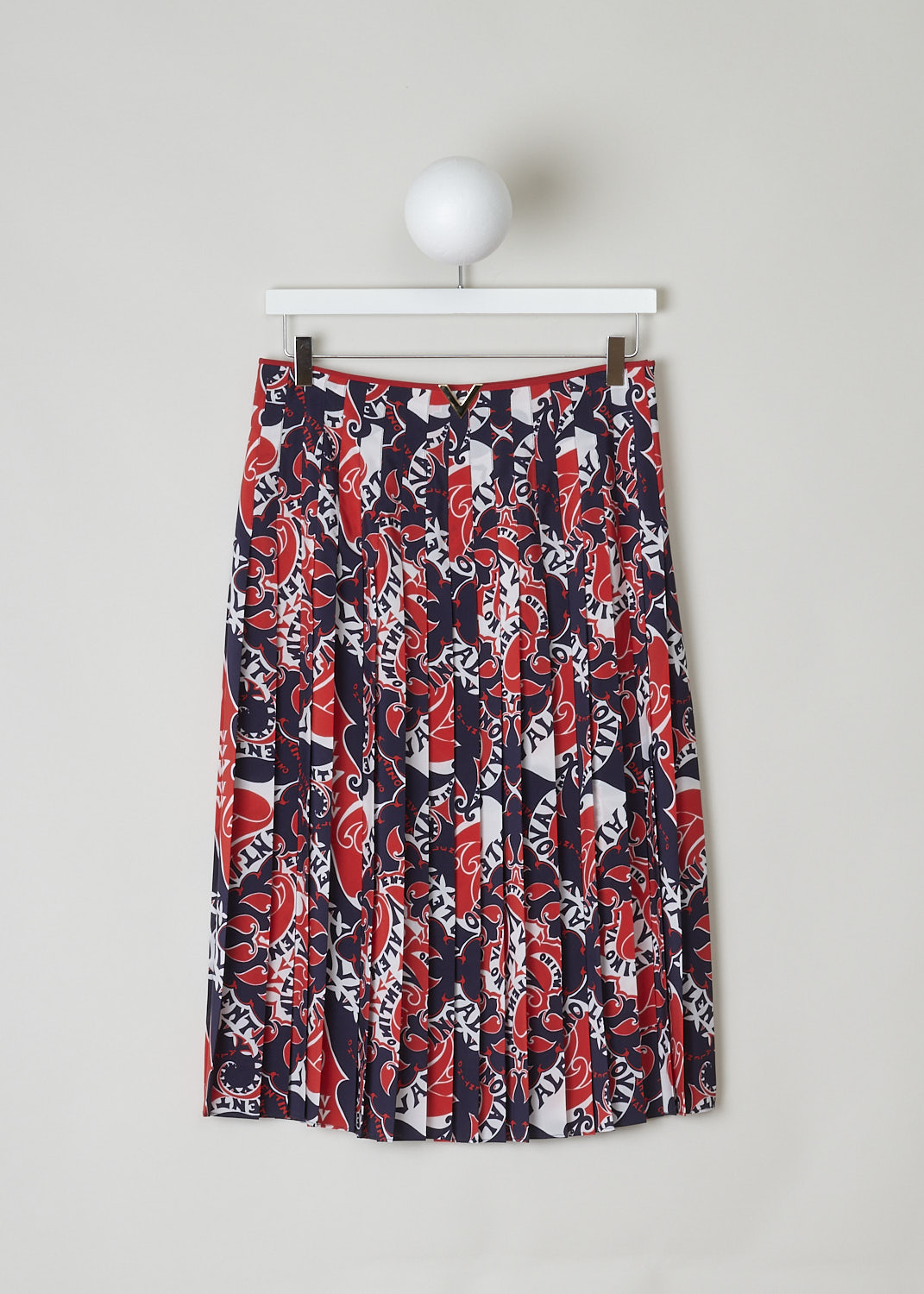 VALENTINO, BOLD PRINTED PLEATED SKIRT WITH GOLDEN V, 1B3RA8Y57AP_01N, Print, Blue, Red, Front, This bold printed midi skirt has the brand's signature gold-toned V-logo on the waistline. The skirt is fully pleated. The closure option on this skirt is a concealed zipper in the side seam.
