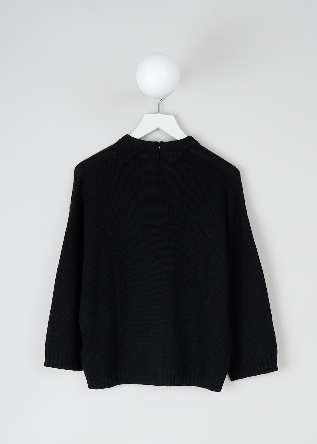Valentino, Black sweater with gold-tone chain detail, 1B3KC37N7ER_0NO, Black, Back, 
This black cashmere-blend sweater has a plunging V-neckline with a gold-tone V-logo chain. The sweater has a slight A-line silhouette. 