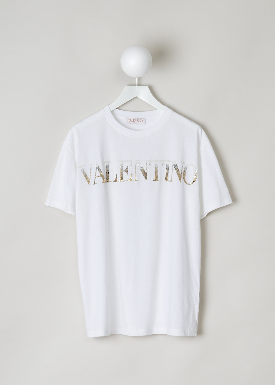 VALENTINO, WHITE T-SHIRT WITH SEQUIN LETTERING, 1B3MG18W7DN_0BO, White, Front, This white T-shirt has the brand's lettering in ombre sequins across the chest. The shirt has a round neckline and short sleeves. 

