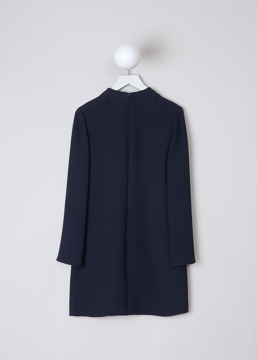 VALENTINO, DARK BLUE SILK DRESS WITH GOLD-TONE CHAIN DETAIL, 1B3VAZE71MM_598, Blue, Back, This dark blue mini dress has a V-neckline with a gold-tone V-logo chain. The dress has long bell sleeves. In the back, the dress has a concealed centre zip. The dress has a straight hemline. 
