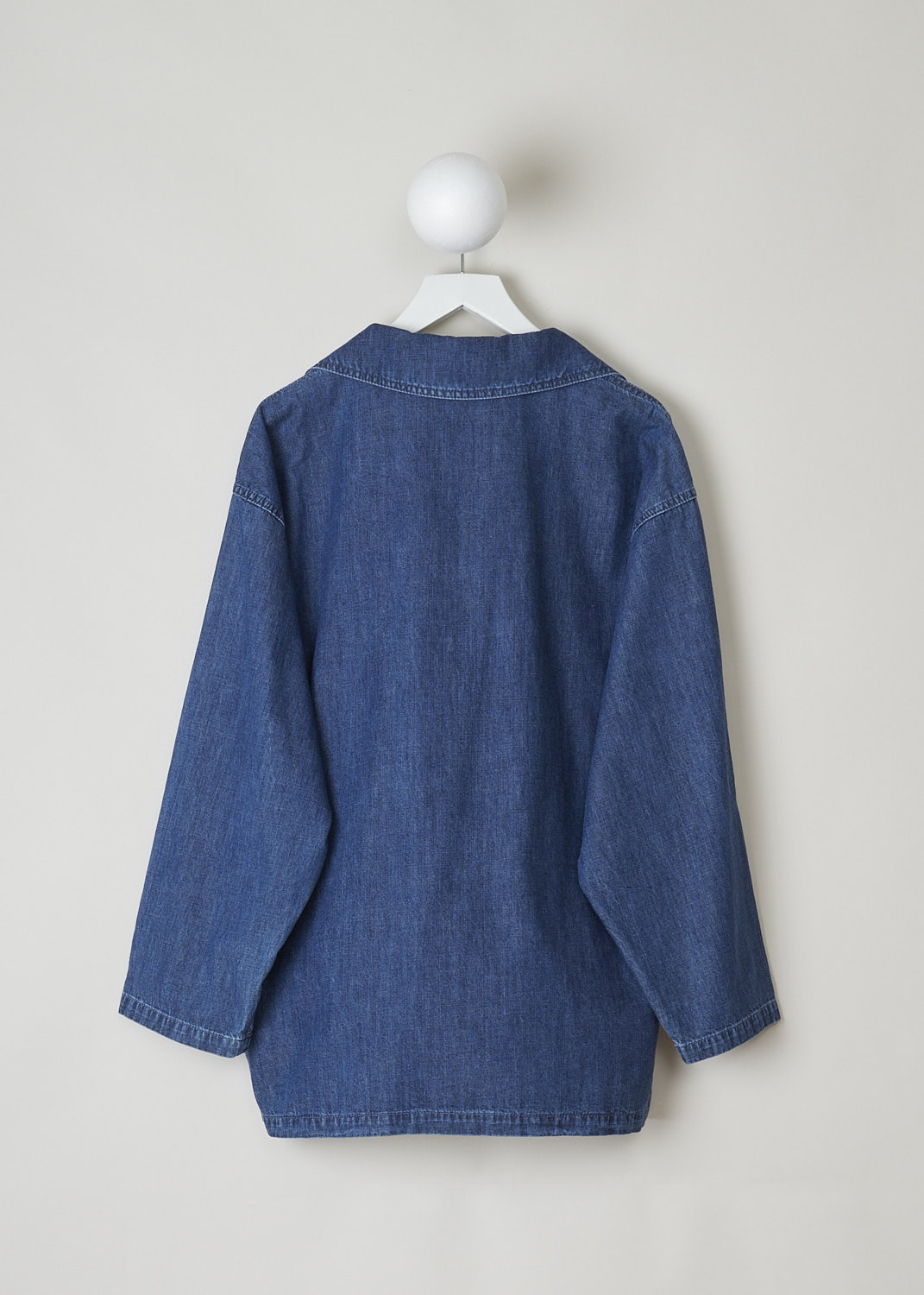 VALENTINO, DARK WASH DENIM TOP WITH DEEP V, 2B3DB01Z7MR_558, Blue, Back, This wide long sleeve top in a dark wash jean fabric has a spread collar with a deep V-neckline. The end of the V-neck is decorated with the brands signature V. Slanted pockets are concealed in the side seams. The top has a straight hemline. Small slits can be found on either side. 
