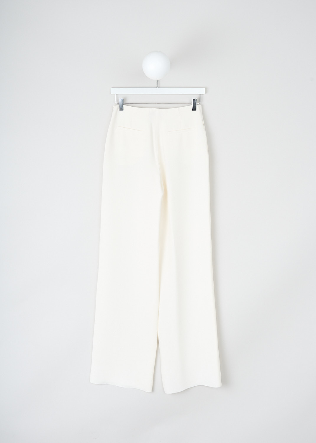 Valentino, White silk pants, 2B3RB5961MM_A03, White, Back, These white silk pants have a concealed side zip closure and wide straight pants legs. These pants have slanted pockets in the front and welt pockets in the back. 
