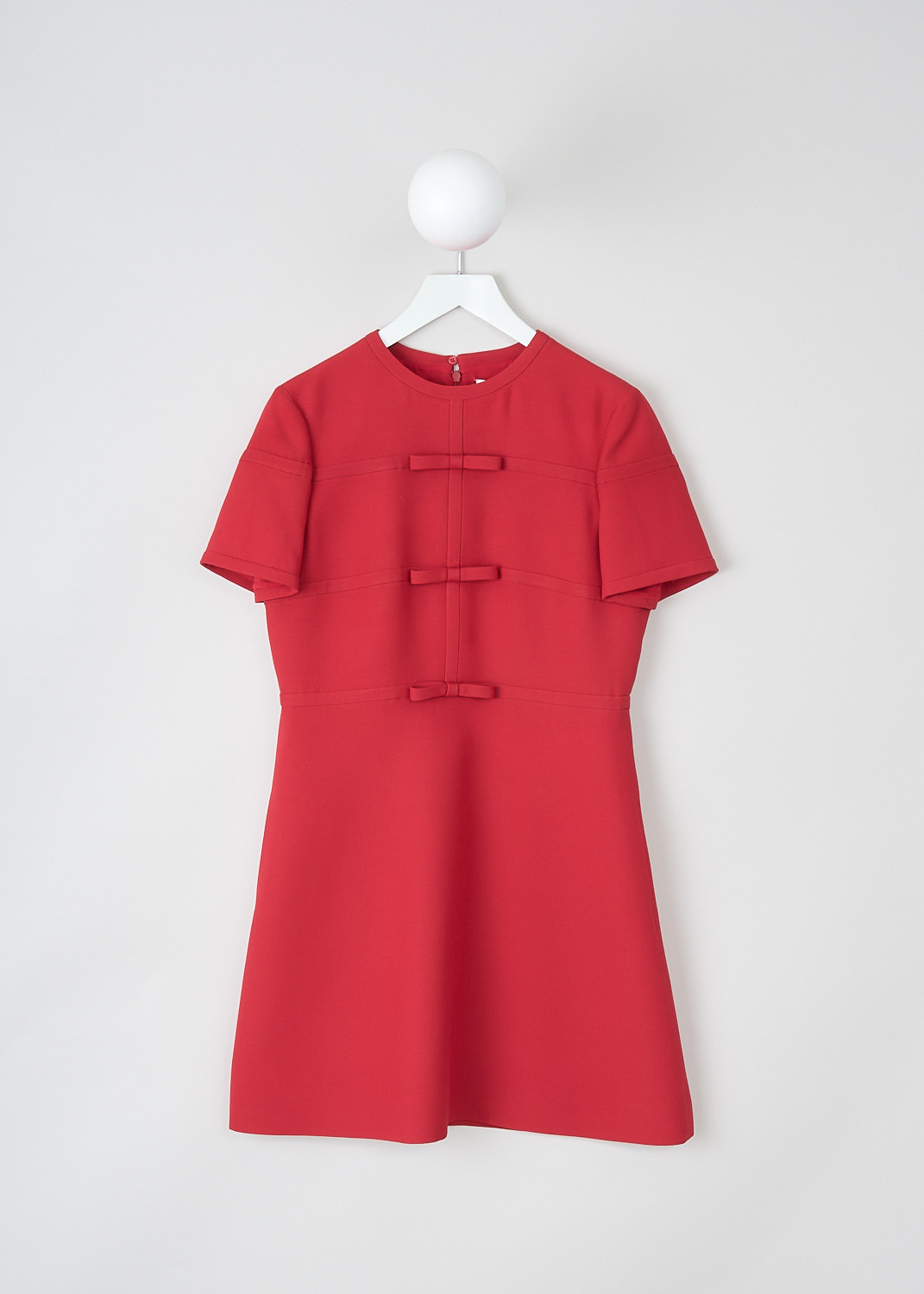 Valentino, Bright red mini dress with bow detailing, 2B3VA1B01CF_157, Red, Front, This bright red mini dress has a round neckline and short sleeves. The dress has three bows on the bodice that wrap around with horizontal trims. The dress has an A-line silhouette. Slanted pockets are concealed in the side seams. In the back, a concealed centre zip functions as the closure. 
