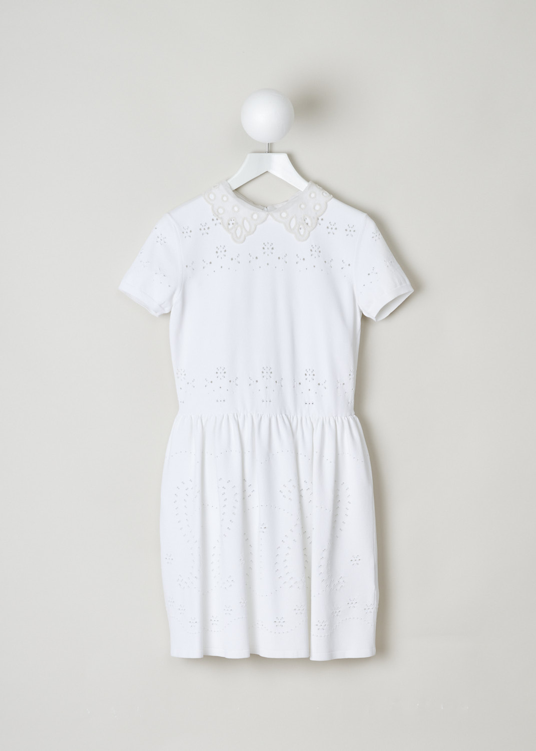 Valentino, Off-white broderie-anglaise dress, RB3KDA07LWG_001, White, Front, This off-white dress features a beaded Claudine collar. The short sleeves have ribbed cuffs. The dress has broderie anglaise-detailing throughout.  The skirt has crystal pleats along the seam. In the back, a centre zip functions as the closure. 
