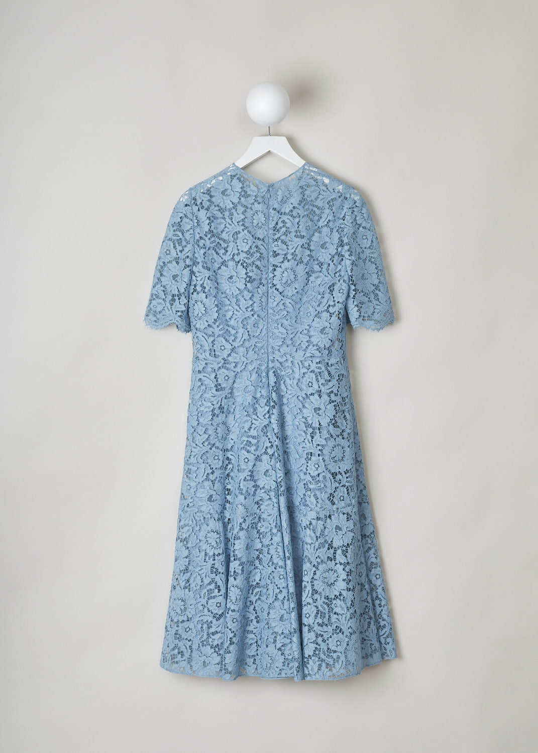 VALENTINO, LIGHT BLUE LACE MIDI DRESS, SB0VAPH01EC_05Q, Blue, Back, This light blue midi dress has a fitted short-sleeve bodice with a round neckline. A straight seam runs along the waist. The flared A-line skirt has a straight hems. An invisible zip in the back functions as the closure option. The dress is lined with a light colored tulle and has a slip dress sewn in.