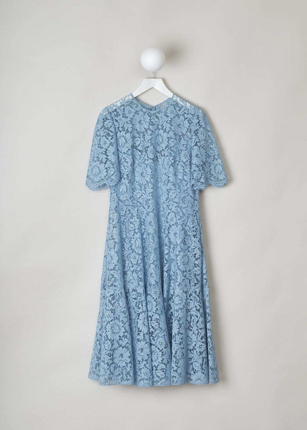 VALENTINO, LIGHT BLUE LACE MIDI DRESS, SB0VAPH01EC_05Q, Blue, Front, This light blue midi dress has a fitted short-sleeve bodice with a round neckline. A straight seam runs along the waist. The flared A-line skirt has a straight hems. An invisible zip in the back functions as the closure option. The dress is lined with a light colored tulle and has a slip dress sewn in.