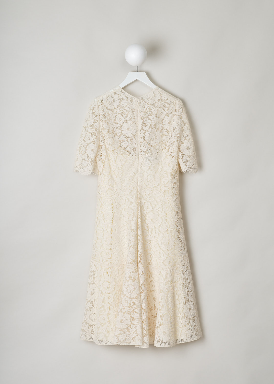 VALENTINO, WHITE LACE MIDI DRESS, SB0VAPH01EC_A03, White, Back, This white midi dress has a fitted short-sleeve bodice with a round neckline. A straight seam runs along the waist. The flared A-line skirt has a straight hem. An invisible zip in the back functions as the closure option. The dress is lined with a light colored tulle and has a slip dress sewn in.