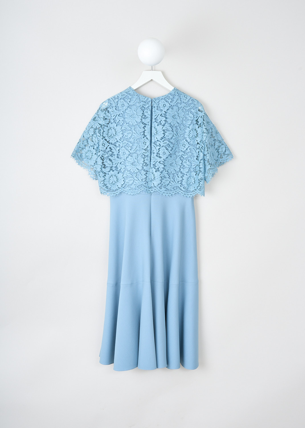 Valentino, Powder blue lace dress, SB0VAPH1360_05Q, Blue, Back, This powder blue maxi dress has a sleeveless underdress with a short-sleeve lace top-part, which is attached at the shoulders. The lace upper-part is partly see-through. The dress has a flard skirt. In the back, a concealed centre zip functions as the closure. The dress is fully lined.
