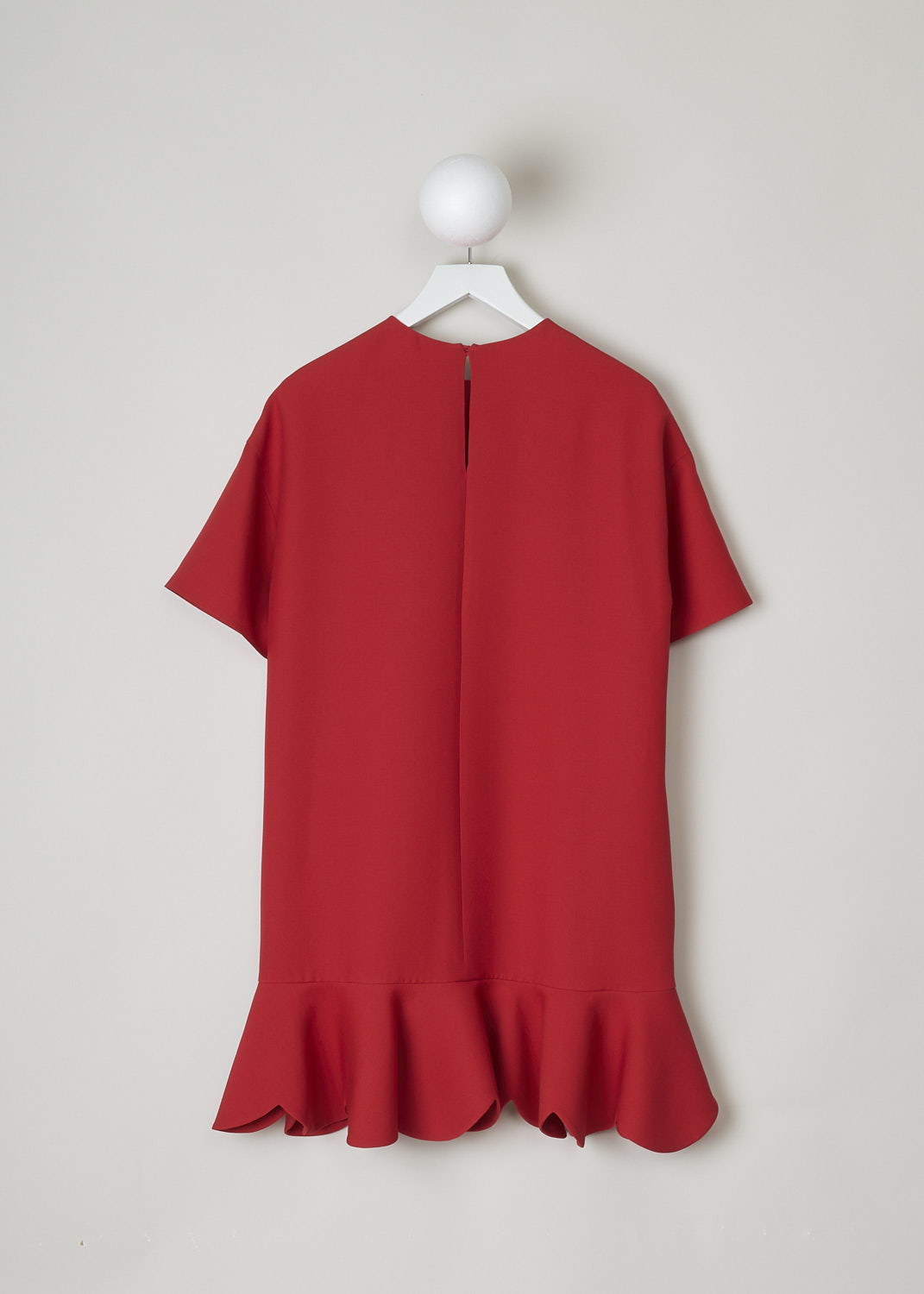 VALENTINO, RED SHORT SLEEVE DRESS WITH RUFFLES, SB3VAMV41CF_157, Red, Back, This red dress has a round neckline, short sleeves and a ruffed hemline. Slanted pockets can be found concealed within the seam. The dress has a wider silhouette. In the back, a single button functions as the closure option. 
