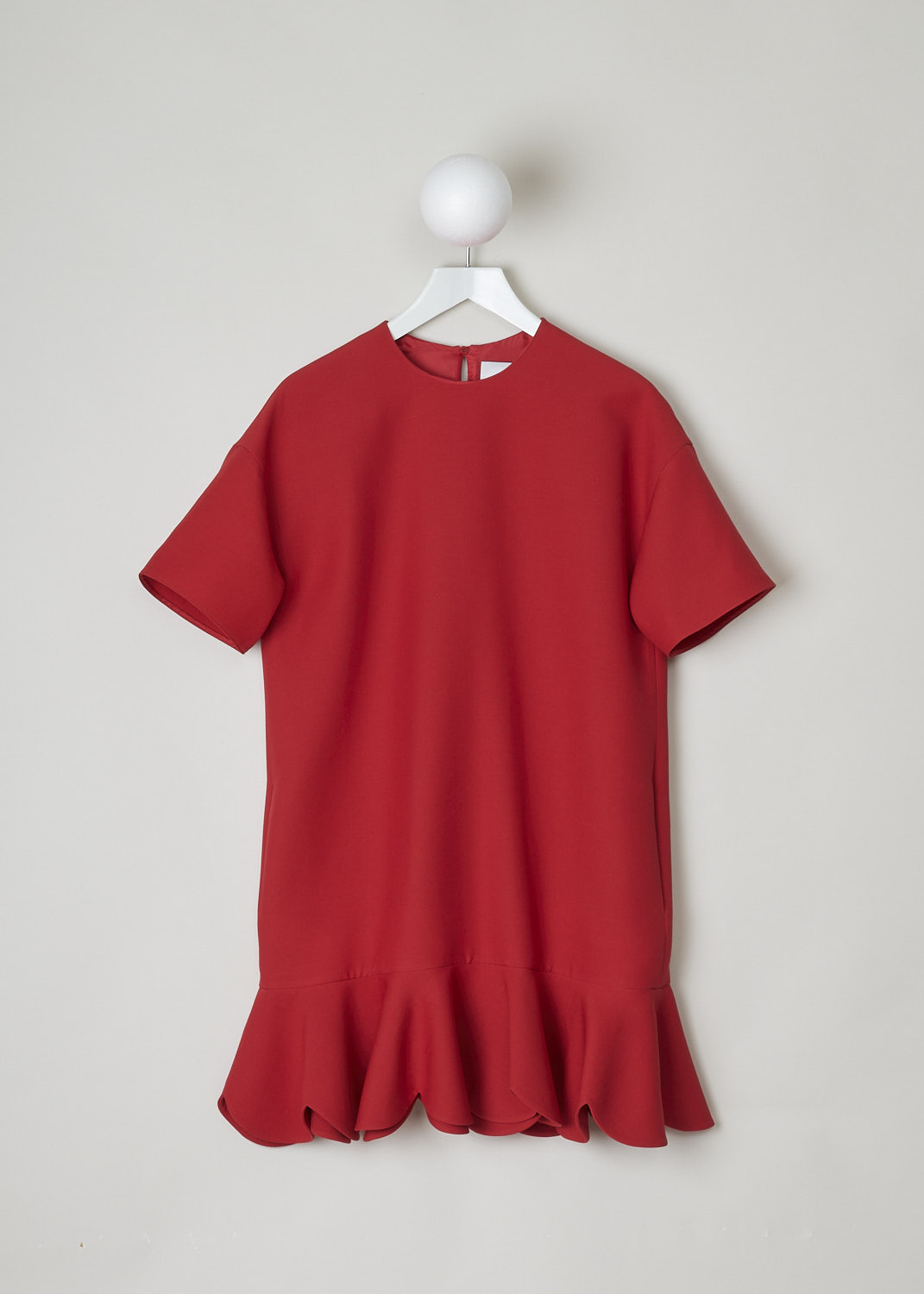 VALENTINO, RED SHORT SLEEVE DRESS WITH RUFFLES, SB3VAMV41CF_157, Red, Front, This red dress has a round neckline, short sleeves and a ruffed hemline. Slanted pockets can be found concealed within the seam. The dress has a wider silhouette. In the back, a single button functions as the closure option. 
