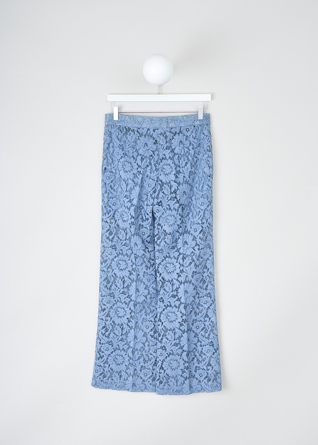 Valentino, Blue lace pants, TB3RB3L61EC_394, Blue, Back, These blue lace pants have a concealed front zip closure. These pants have slanted  pockets. The straight pant legs have pressed creases. The external lace fabric is partly see-through but the pants come with a detachable lining with short pant legs.
