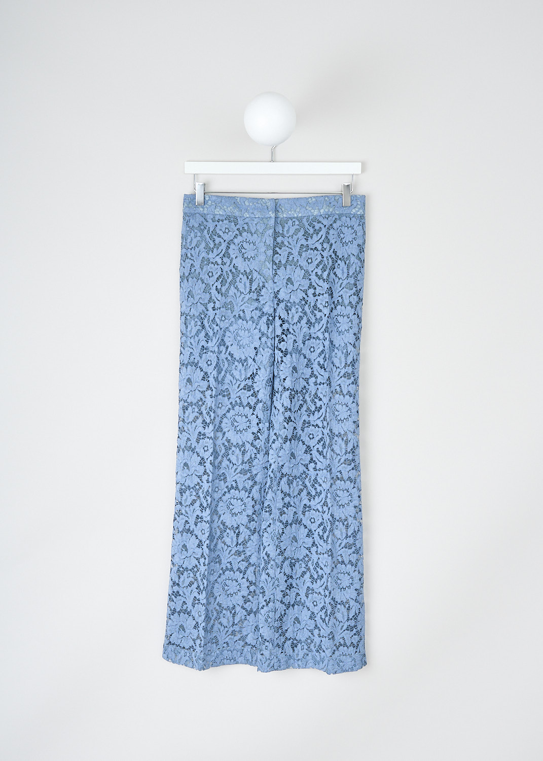 Valentino, Blue lace pants, TB3RB3L61EC_394, Blue, Front, These blue lace pants have a concealed front zip closure. These pants have slanted  pockets. The straight pant legs have pressed creases. The external lace fabric is partly see-through but the pants come with a detachable lining with short pant legs.
