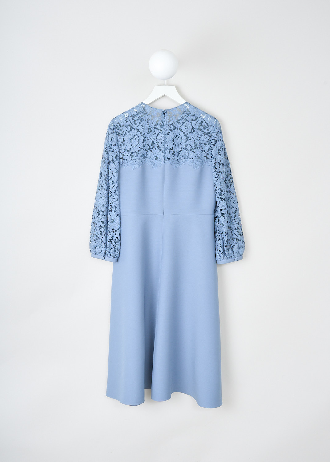 Valentino, Light blue lace dress, TB3VALZ4360_394, Blue, Back, This light blue midi dress has a round lace neckline and lace three-quarter sleeves. The dress has a seam around the waist that divides the top from the skirt. In the back, a concealed centre zip functions as the closure. The dress is fully lined. 
