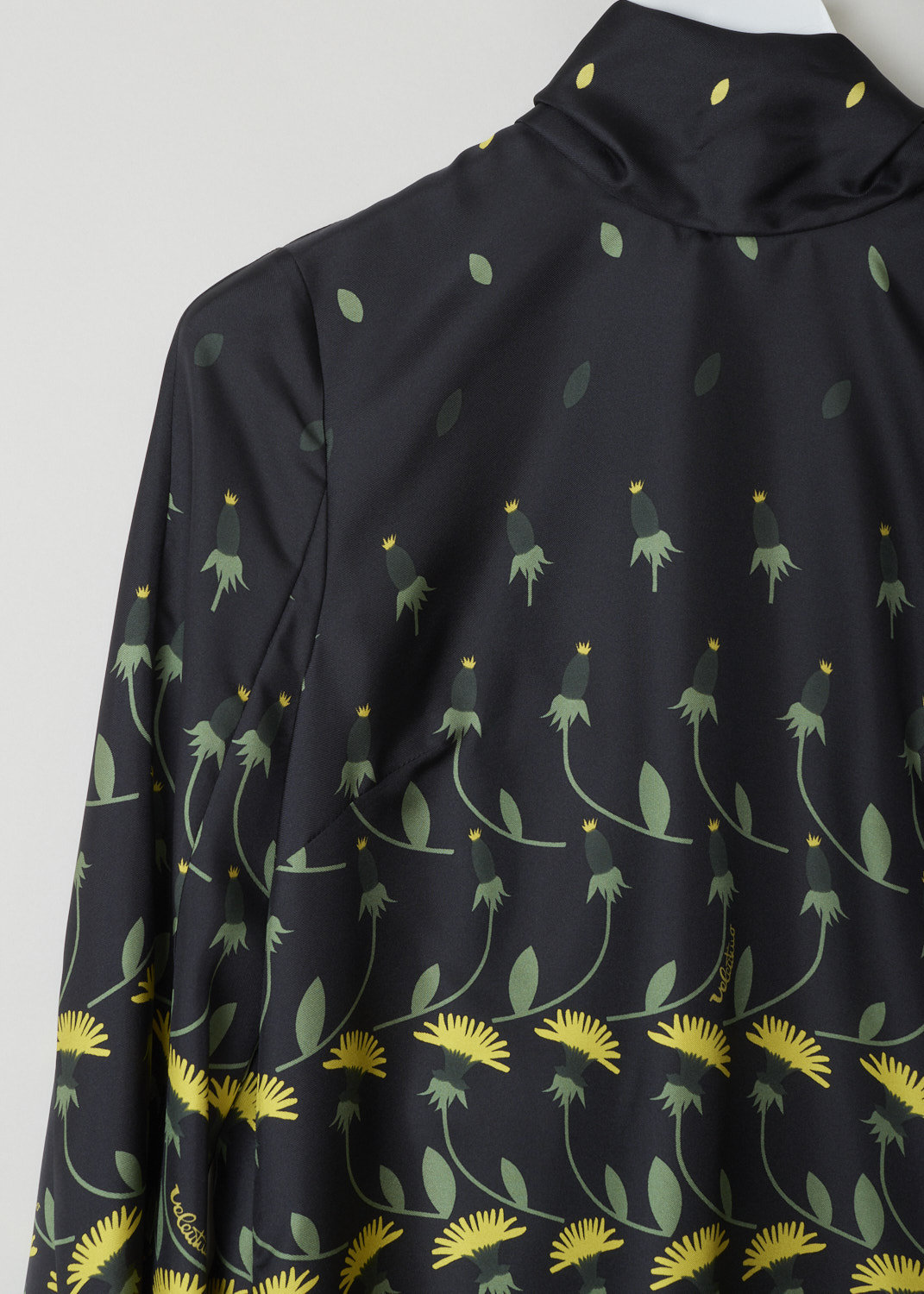 Valentino, Dandelion-print midi dress, TB3VAQI6558_EE6, Black, Print, Yellow, Detail, This dress has a black base color with a green and yellow Dandelion-print. The dress has three-quarter sleeves and a high neckline with a pussy-bow detail in the back. Slanted pockets are concealed in the side seams. The dress has a straight hemline. 
