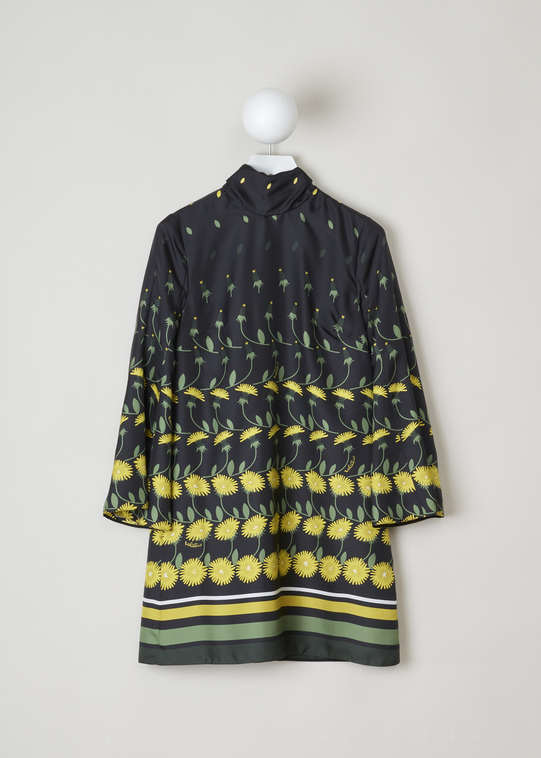 Valentino, Dandelion-print midi dress, TB3VAQI6558_EE6, Black, Print, Yellow, Front, This dress has a black base color with a green and yellow Dandelion-print. The dress has three-quarter sleeves and a high neckline with a pussy-bow detail in the back. Slanted pockets are concealed in the side seams. The dress has a straight hemline. 
