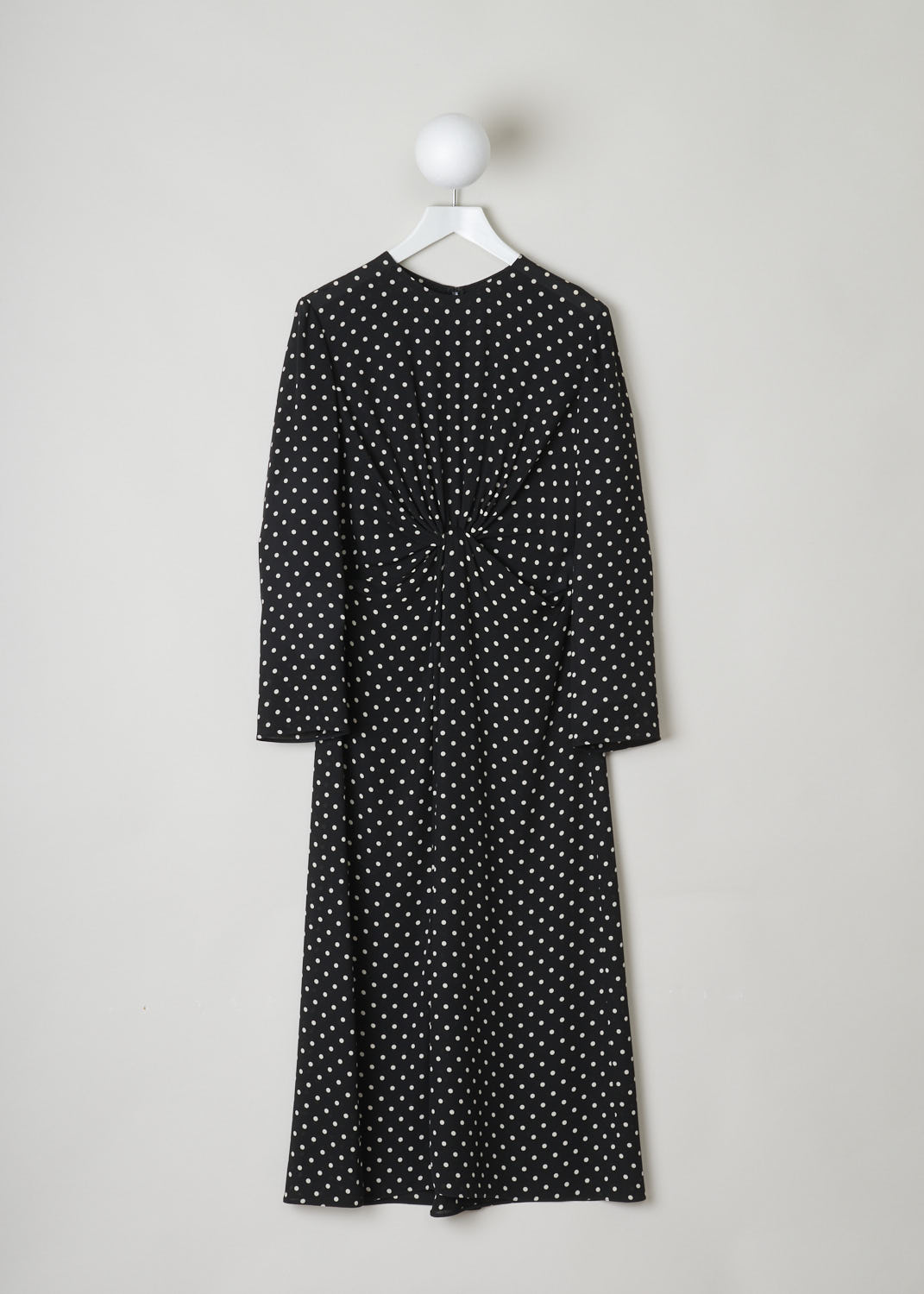 VALENTINO, SILK POLKA DOT MIDI DRESS, UB3VASO65LN_0NA, Black, Print, Front, This silk dress in a classic black-and-white polka dot print. This dress has a high round neckline and long sleeves. A concealed zipper can be found in the back. The dress has an elegant knotted detail across the front. 