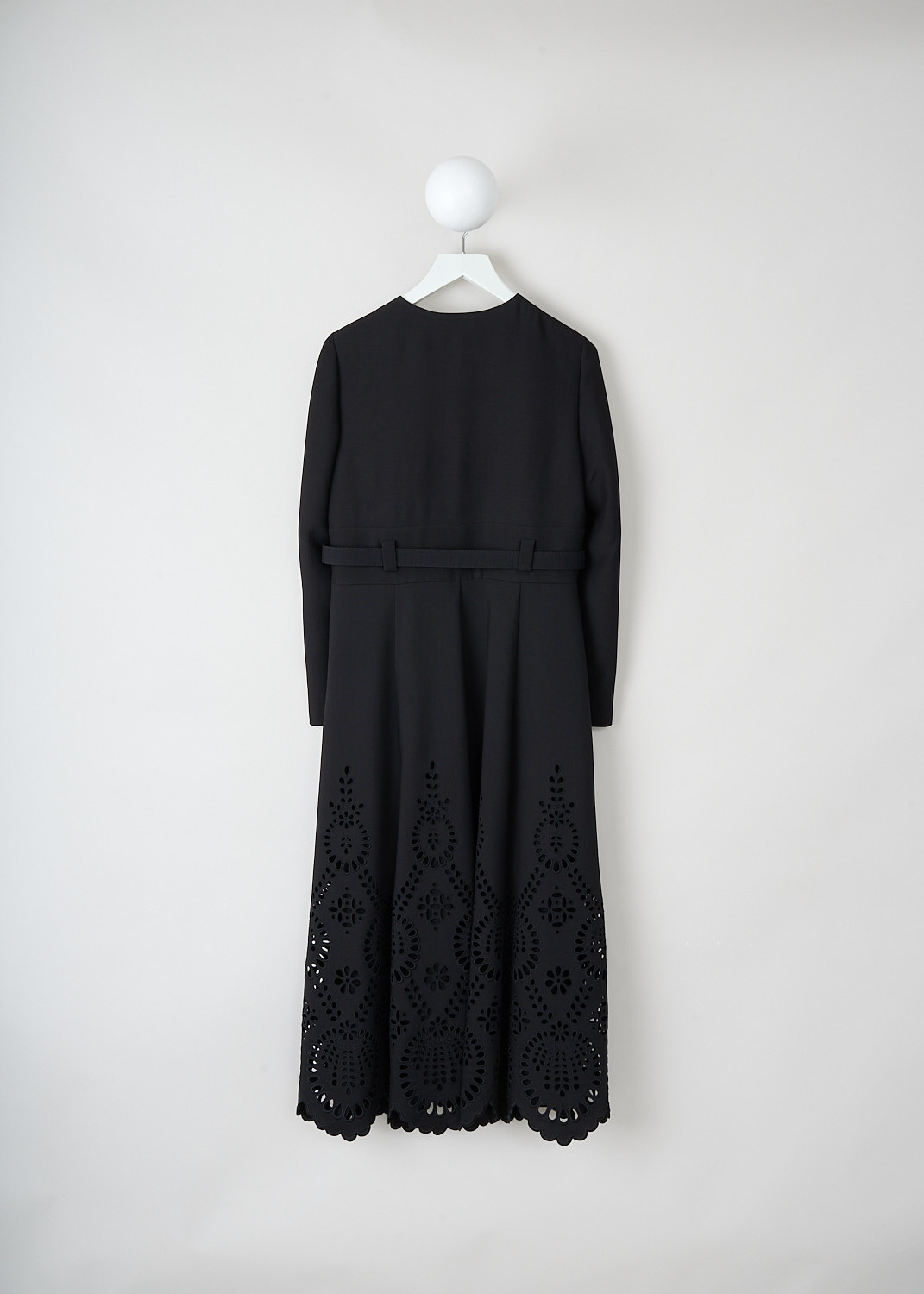Black Valentino wool-blend dress with front zipper, V-buckle belt and flared broderie anglaise skirt with scalloped hem, front view, Kiki’s Stocksale Maastricht designer boutique