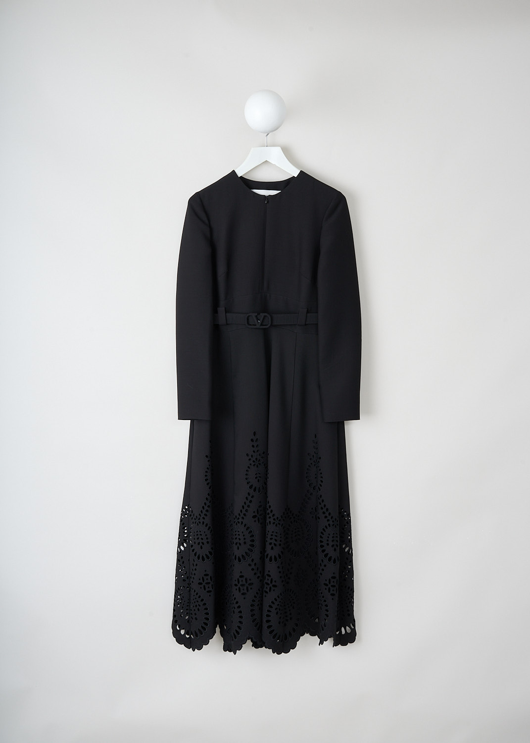 Black Valentino wool-blend dress with front zipper, V-buckle belt and flared broderie anglaise skirt with scalloped hem, front view, Kiki’s Stocksale Maastricht designer boutique