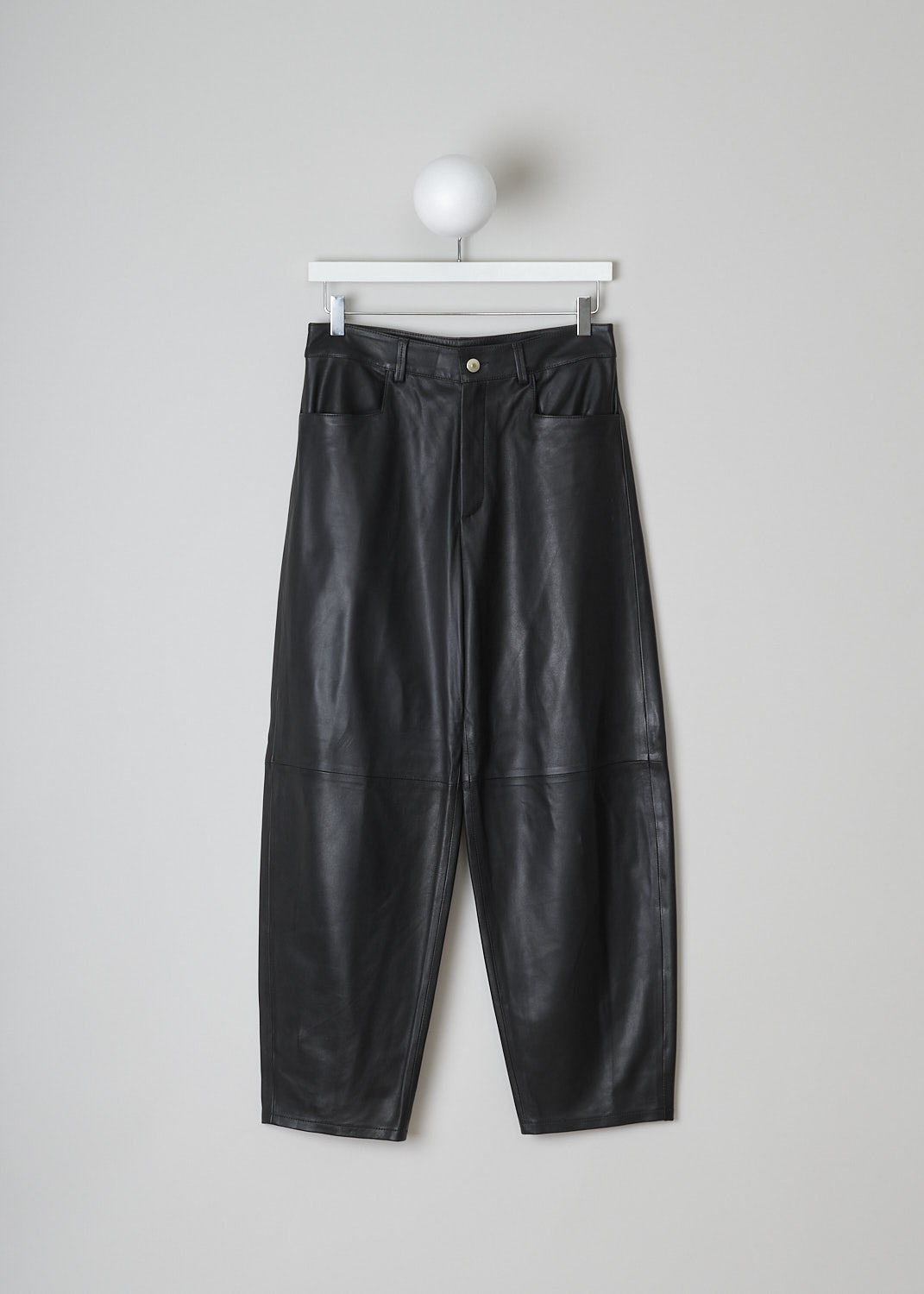 WANDLER, CHAMOMILE BLACK PANTS, 22306_060301_3200_CHAMOMILE_BLACK, Black, Front, These black leather Chamomile pants have a waistband with belt loops and a button and zip closure. The pants have a high-waisted fit. The balloon legs are cropped at the ankle. These pants have slanted pockets in the front and patch pockets in the back. 

