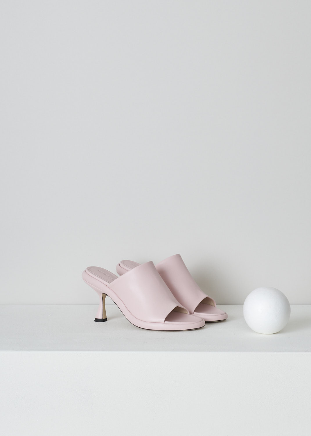 WANDLER, JUNE PLATFORM PUMPS IN SOFT PINK, 23202_871201_1862, Pink, Front, These soft pink heeled slip-on mules have a broad strap across the vamp, a rounded open-toe and a platform sole. The slip-on mules have a mid-height spool heel.

