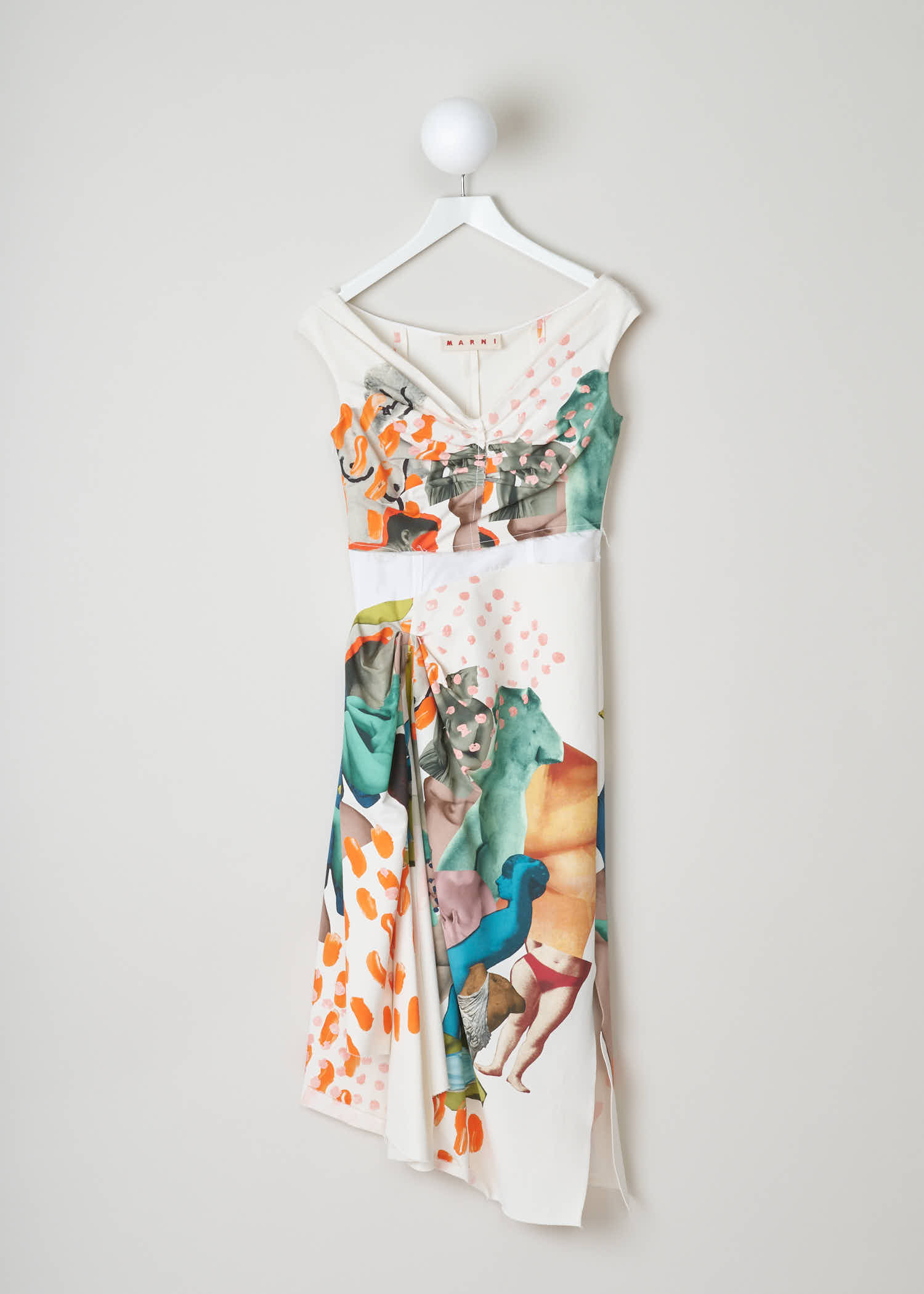 Marni venere print dress ABMA0336QY_TCX91_Y5589 pearl lily white front. Sleeveless mid-length with gathering V-neck collar, detachable drawstring at waist, zip closure at side-seam and a symmetric hem.