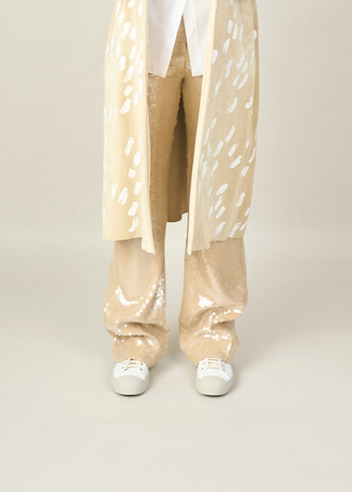 NILI LOTAN, KHAKI COLORED SEQUIN PANTS, 12186_W688_KHAKI, Back, Beige, These khaki colored pants are fully covered with see-through sequin. A concealed clasp and zip functions as the closure option. These pants have straight pant legs and are fully lined. 
