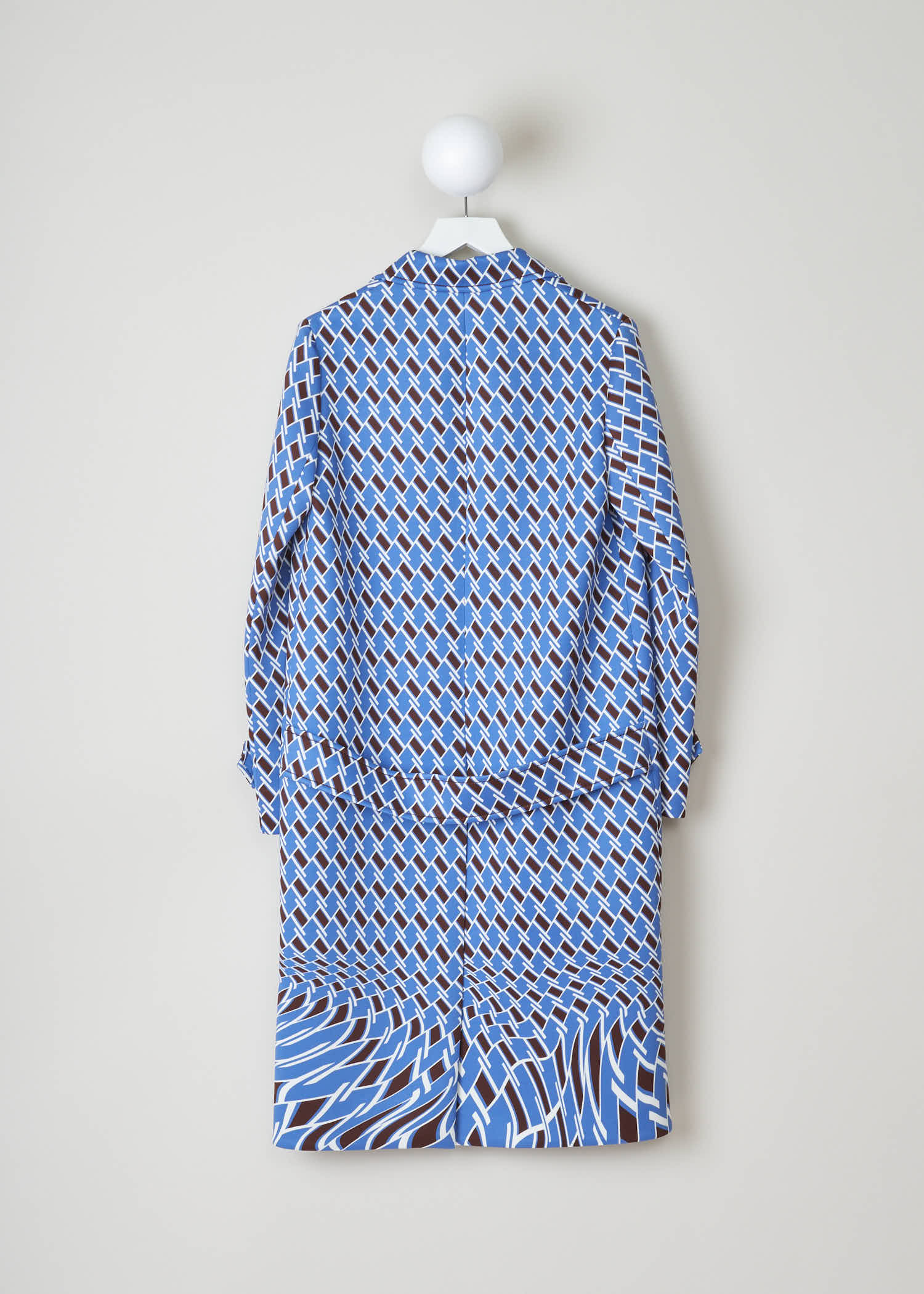 Prada tecno jersey argyle Tecno_Jersey_AR_P690II_F0237_Pervinca pervinca back. Geometric illusion-print coat in blue and brown from argyle printed techno jersey with button front fastening, flap pockets and belted cuffs.